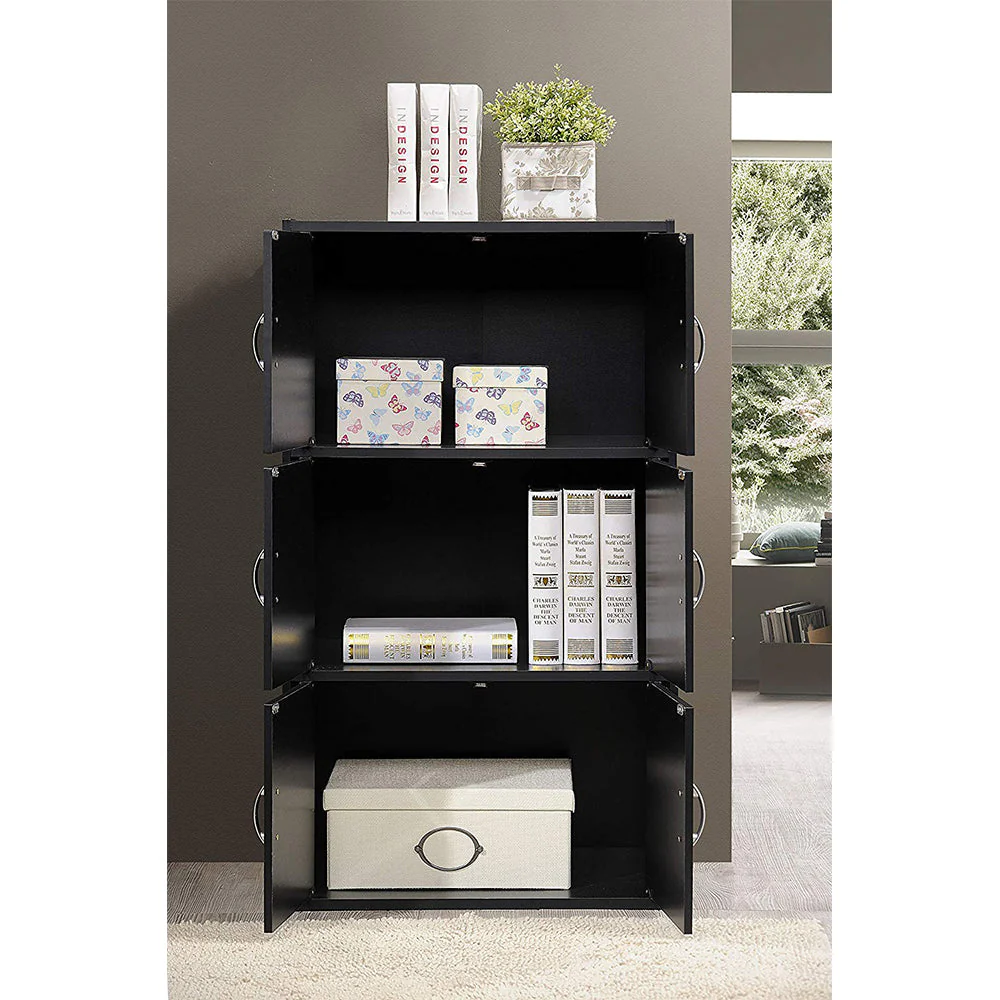 Hodedah HID33 Home 6-Door 3-Shelves Bookcase Enclosed Storage Cabinet, Black - Image 4