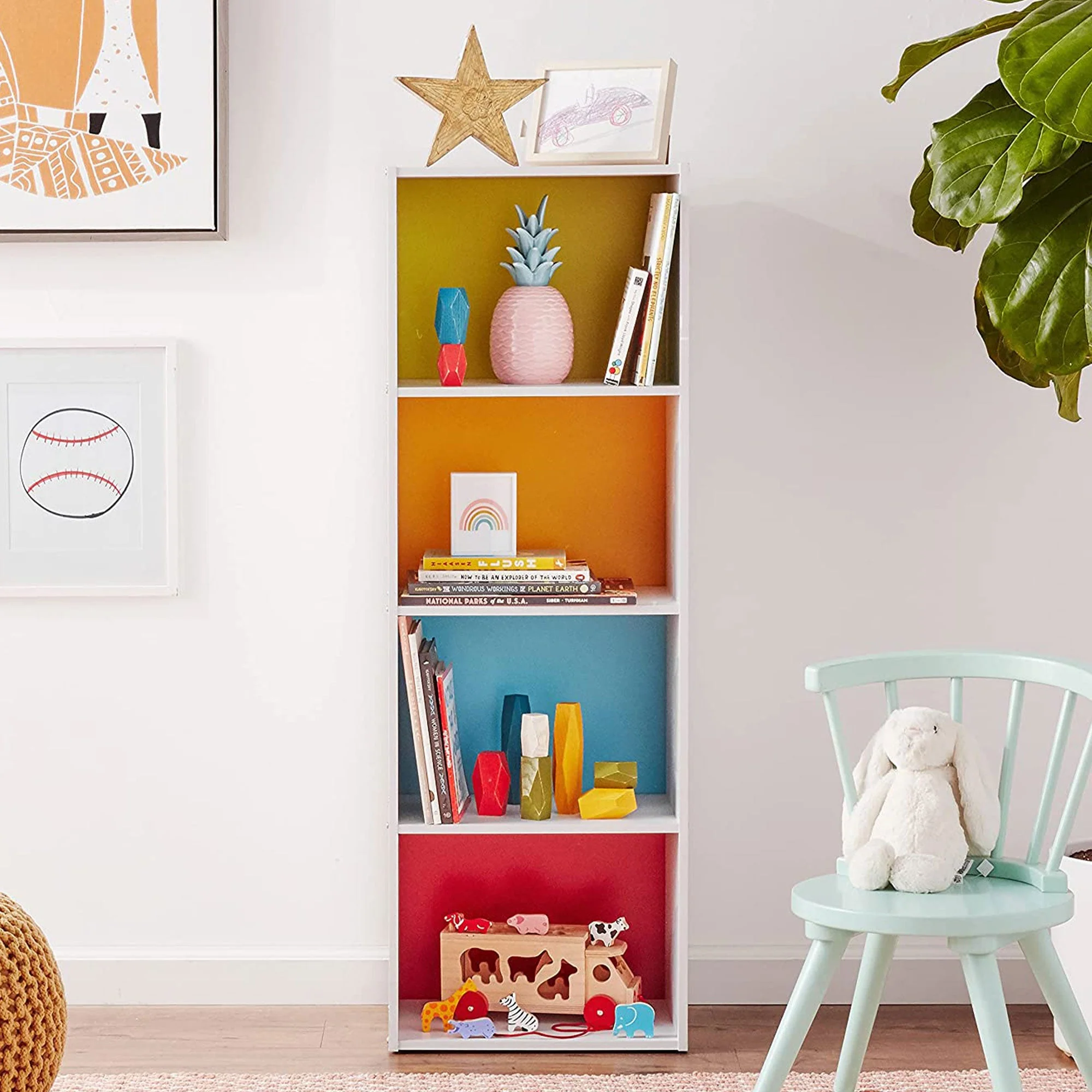 Hodedah Import 12 x 16 x 47 Inch 4 Shelf Bookcase Organizer, White and Rainbow - Image 6