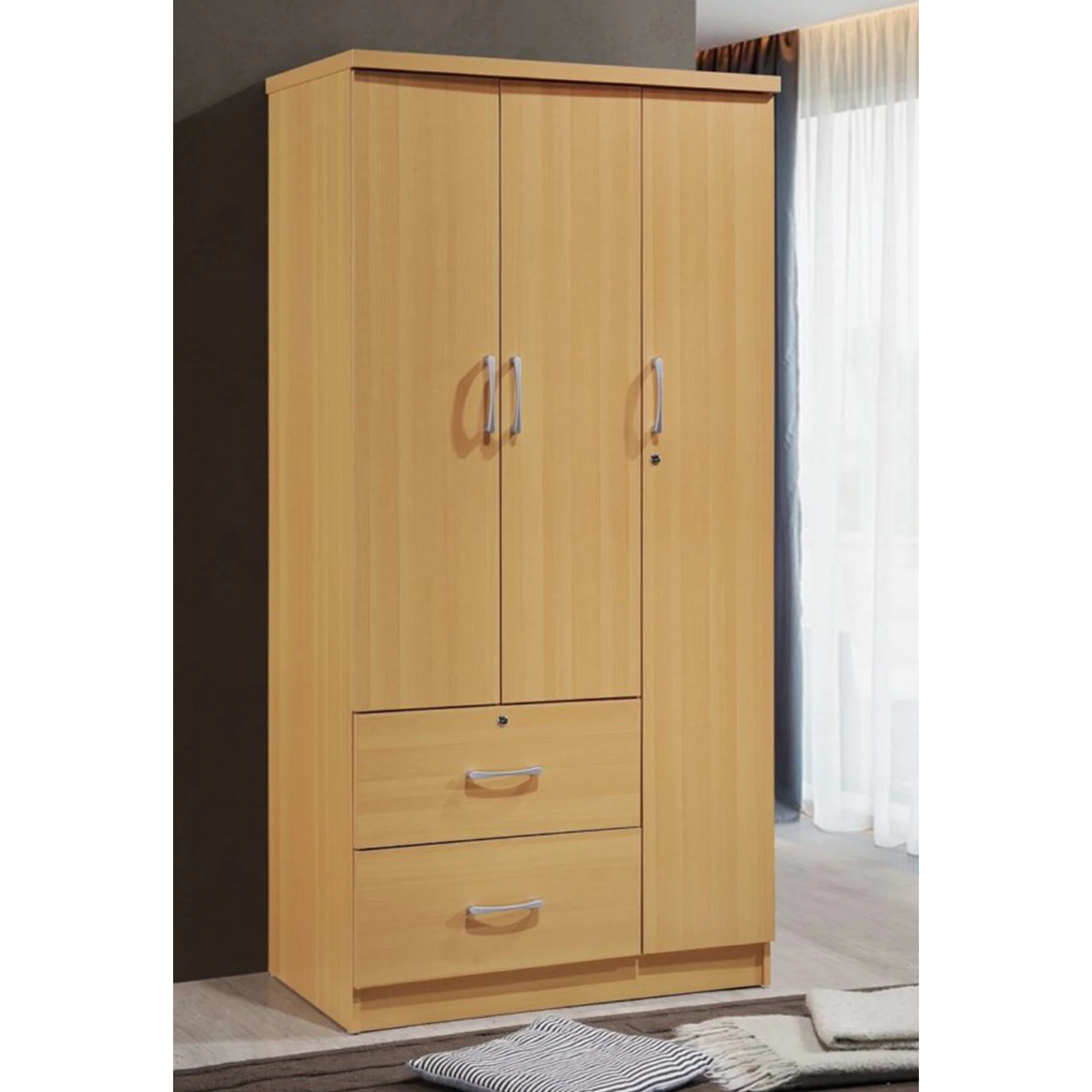 Hodedah Import 3 Door Armoire with Clothing Rod, Shelves, and 2 Drawers, Beech - Image 3