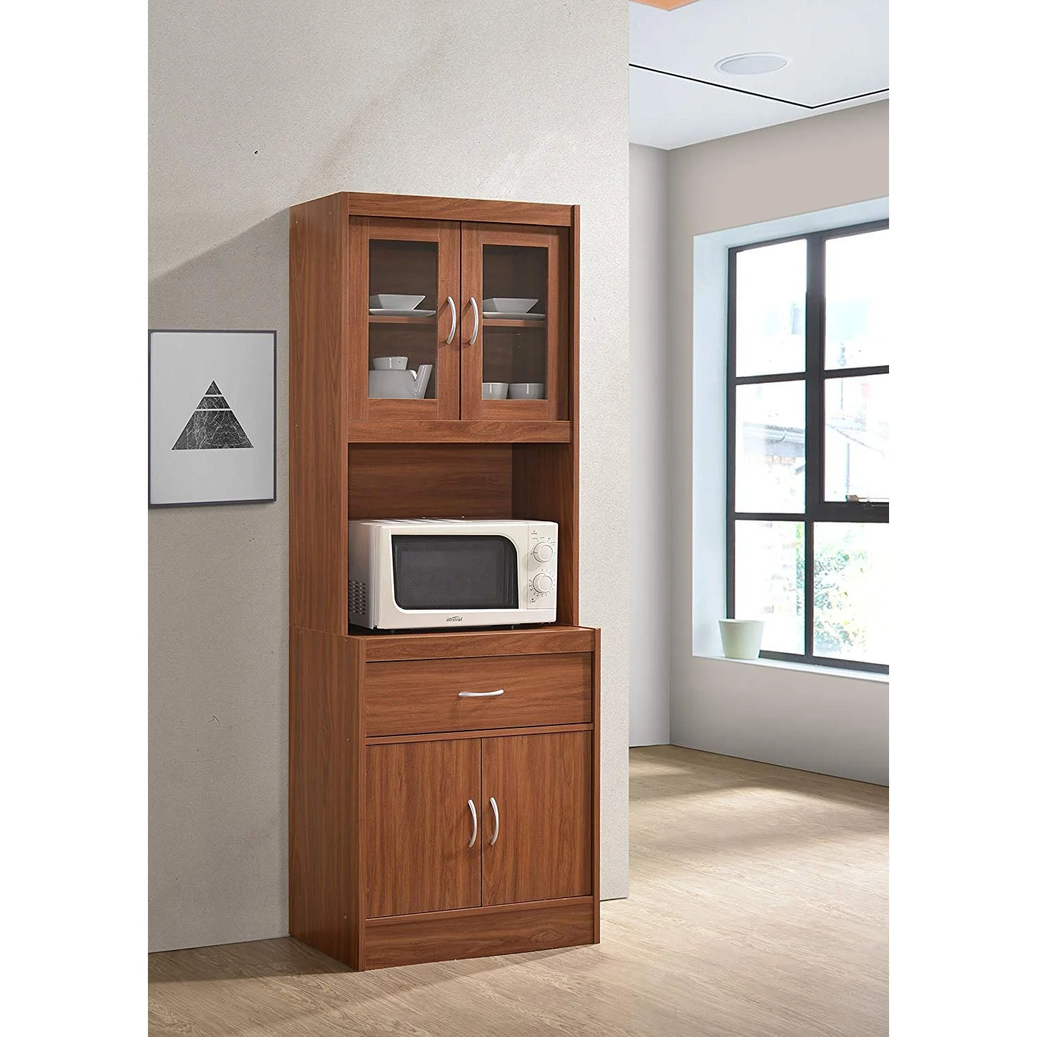 Hodedah Import 70 In Tall Top/Bottom Enclosed Kitchen Cabinet w/ Drawer, Cherry - Image 2