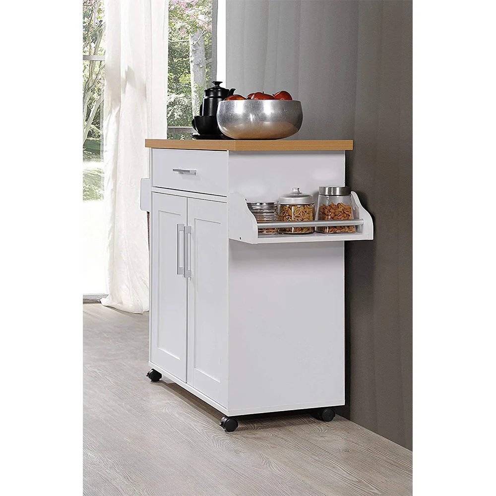 Hodedah Import Wheeled Kitchen Island w/Spice Rack & Towel Holder, White/Beech - Image 10