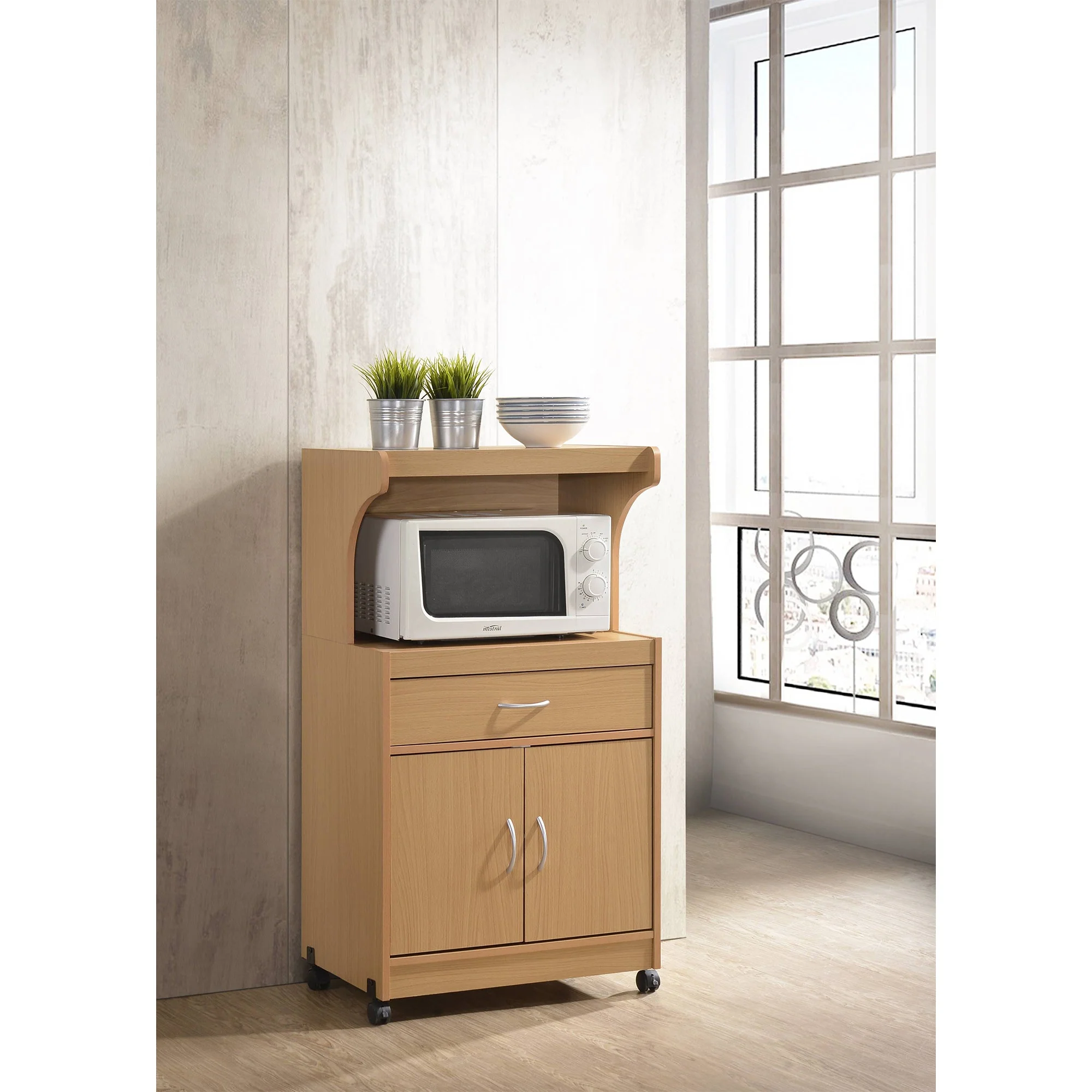 Hodedah Wheeled Kitchen Microwave Cart with Drawer and Cabinet Storage, Beech - Image 2
