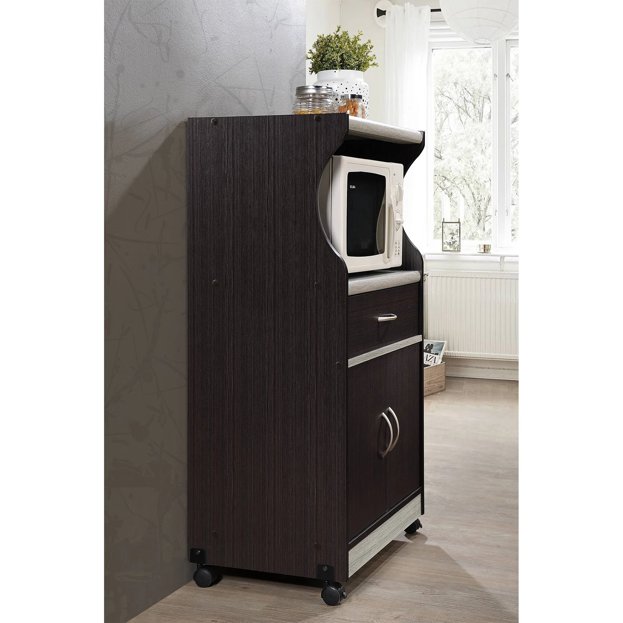 Hodedah Wheeled Microwave Island Cart w/ Drawer and Cabinet Storage, Choco Grey - Image 3