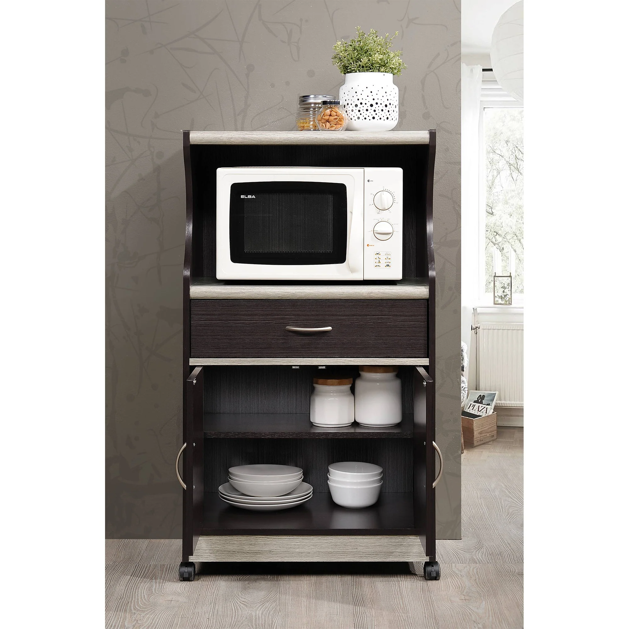 Hodedah Wheeled Microwave Island Cart w/ Drawer and Cabinet Storage, Choco Grey - Image 4
