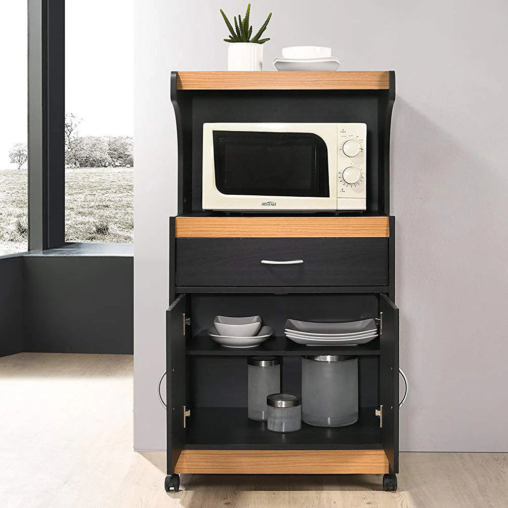 Hodedah Wheeled Microwave Island Cart with Drawer and Cabinet Storage, Black-Beech - Image 2