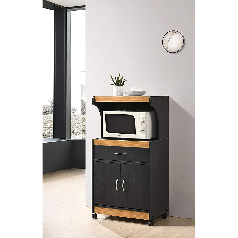 Hodedah Wheeled Microwave Island Cart with Drawer and Cabinet Storage, Black-Beech - Image 3