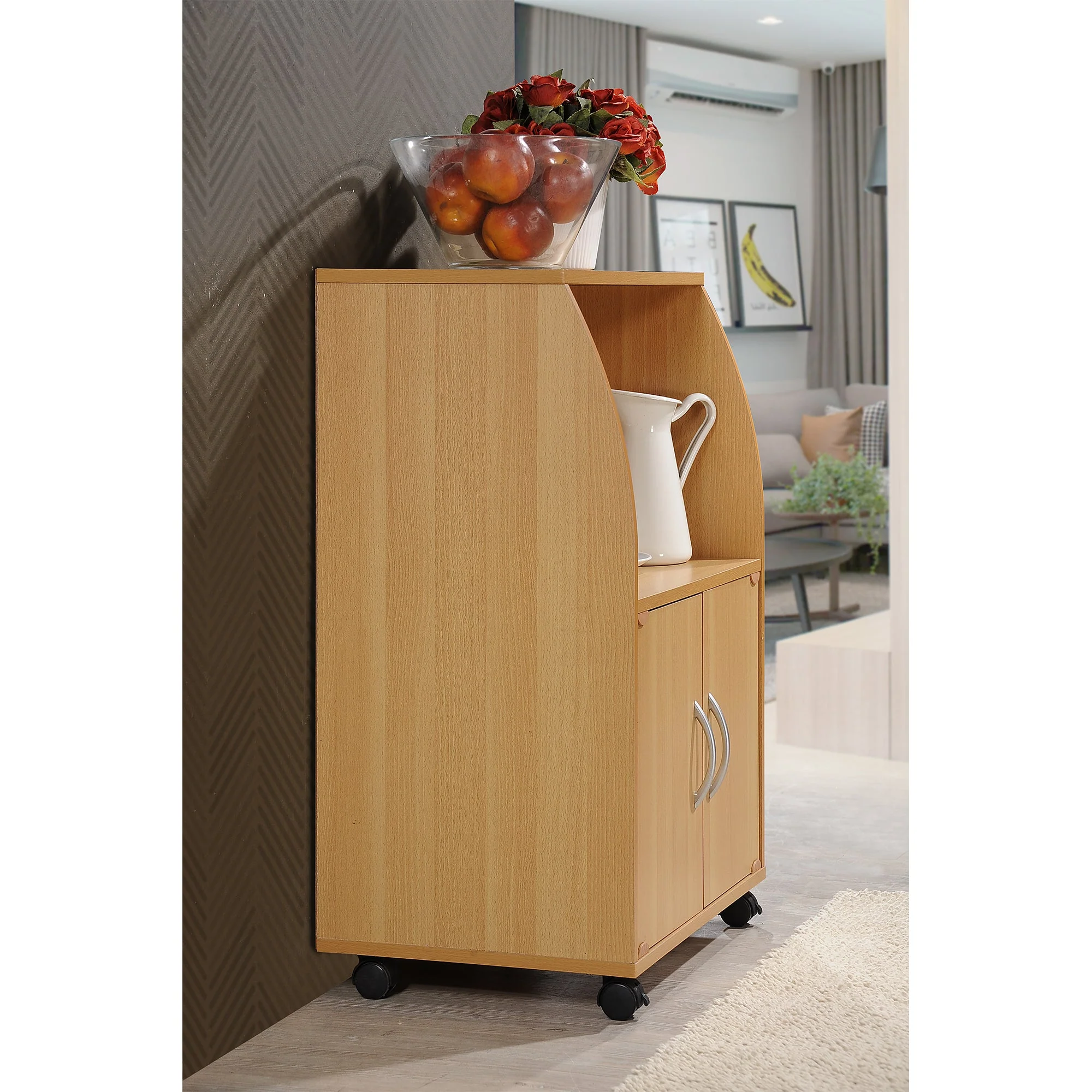 Hodedah Wooden Mini Wheeled Microwave Island Cart with Cabinet Storage, Beech - Image 3