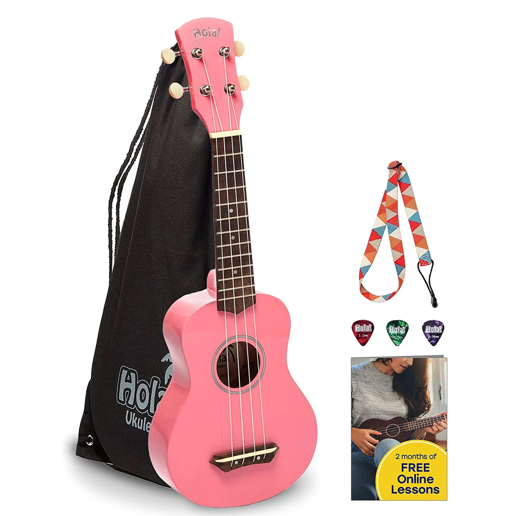 Hola! Music Color Series Soprano Ukulele Set with Tote Bag, Strap, & Picks, Pink