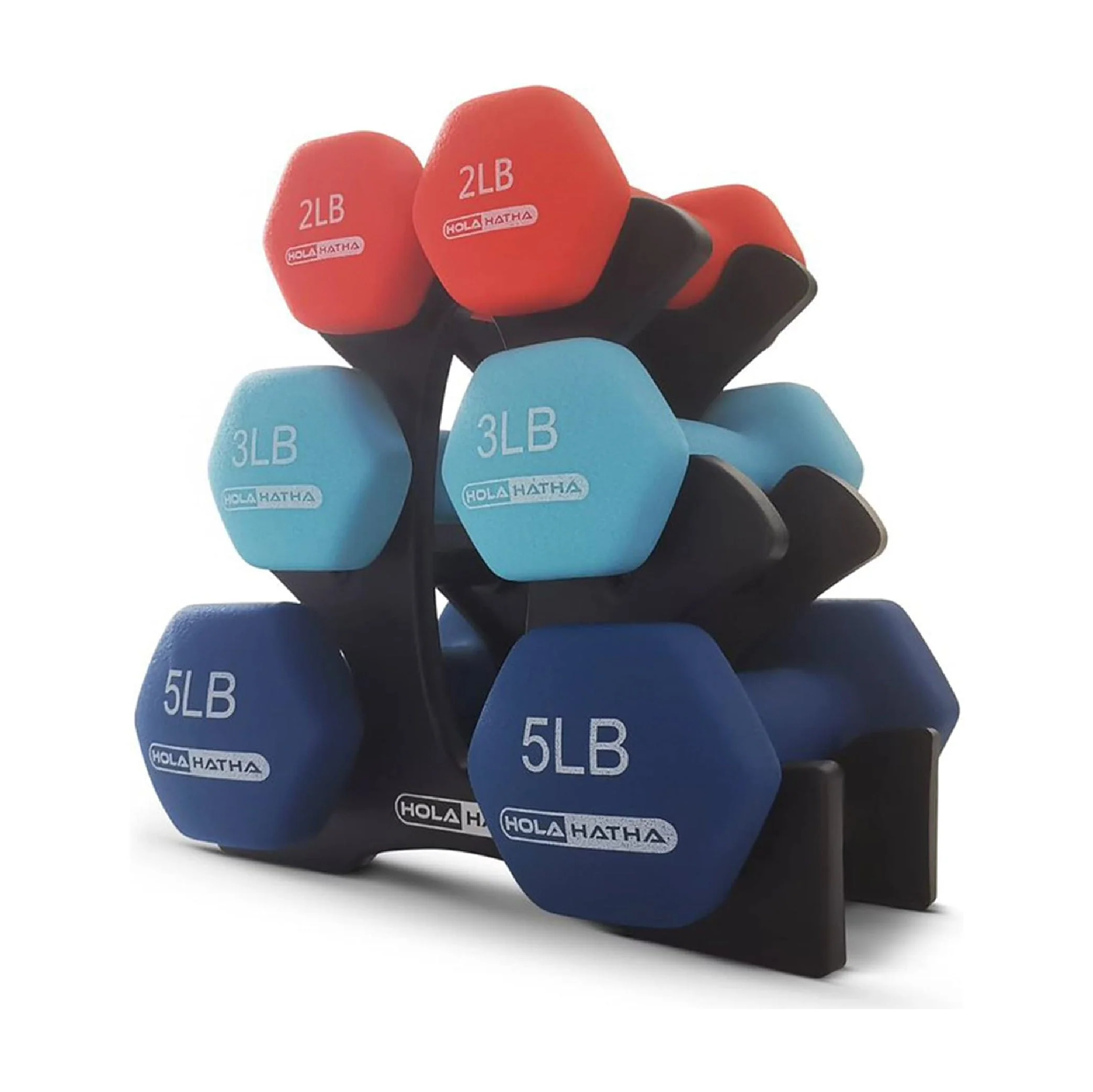 HolaHatha 2, 3, & 5 Lb Neoprene Dumbbell Free Hand Weight Set w/ Rack, Red/Blue - Image 7