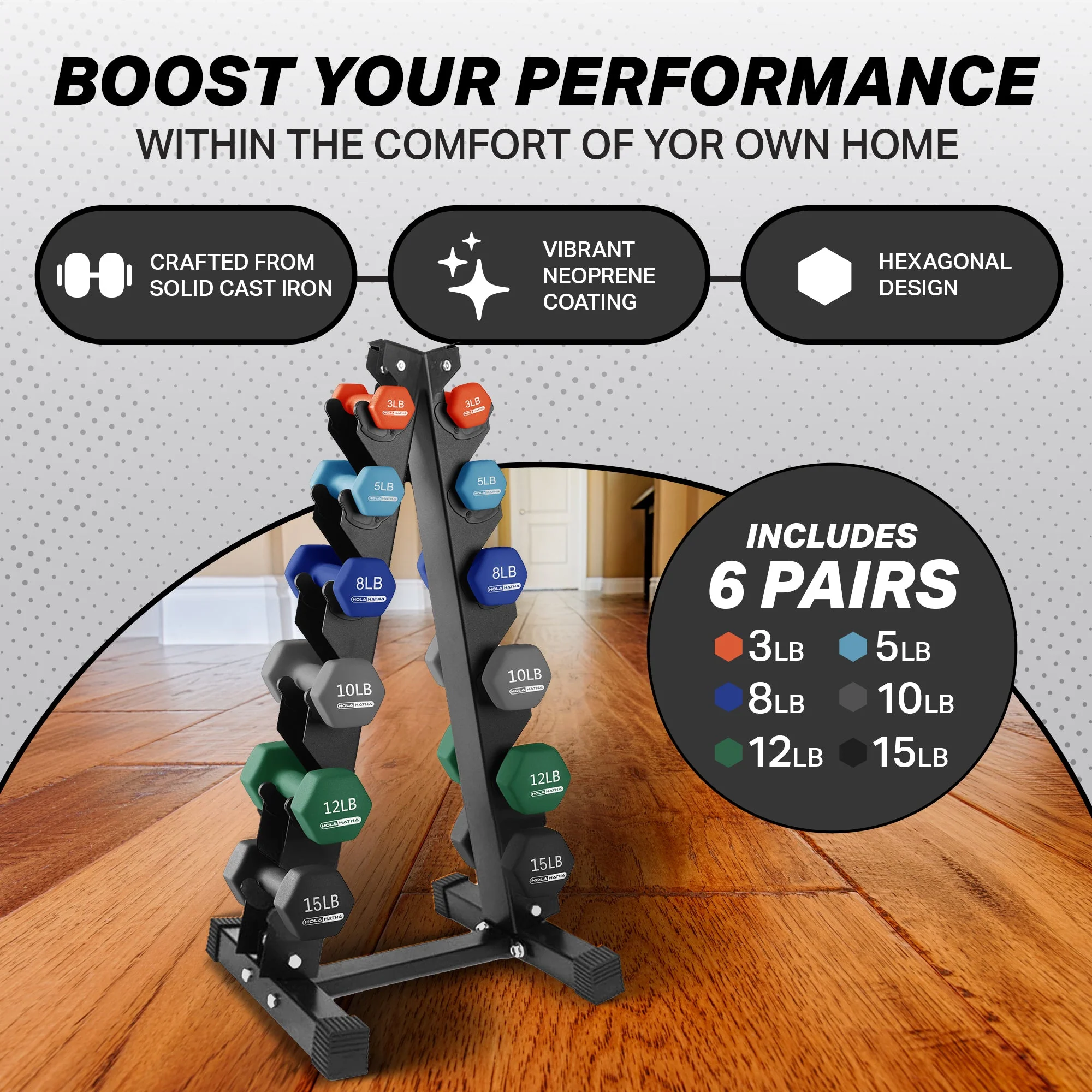 HolaHatha 3, 5, 8, 10, 12 & 15 Pound Neoprene Dumbbell Weight Set w/Storage Rack - Image 5