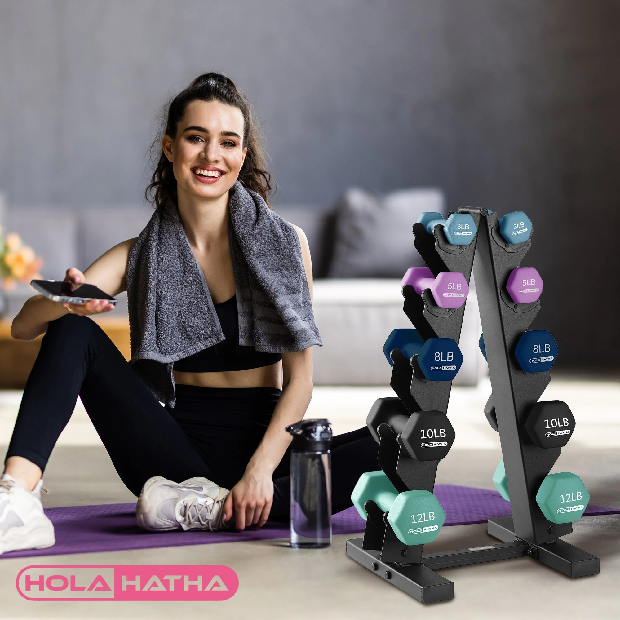 HolaHatha 3, 5, 8, 10 & 12 Pound Neoprene Dumbbell Weight Set with Storage Rack - Image 6