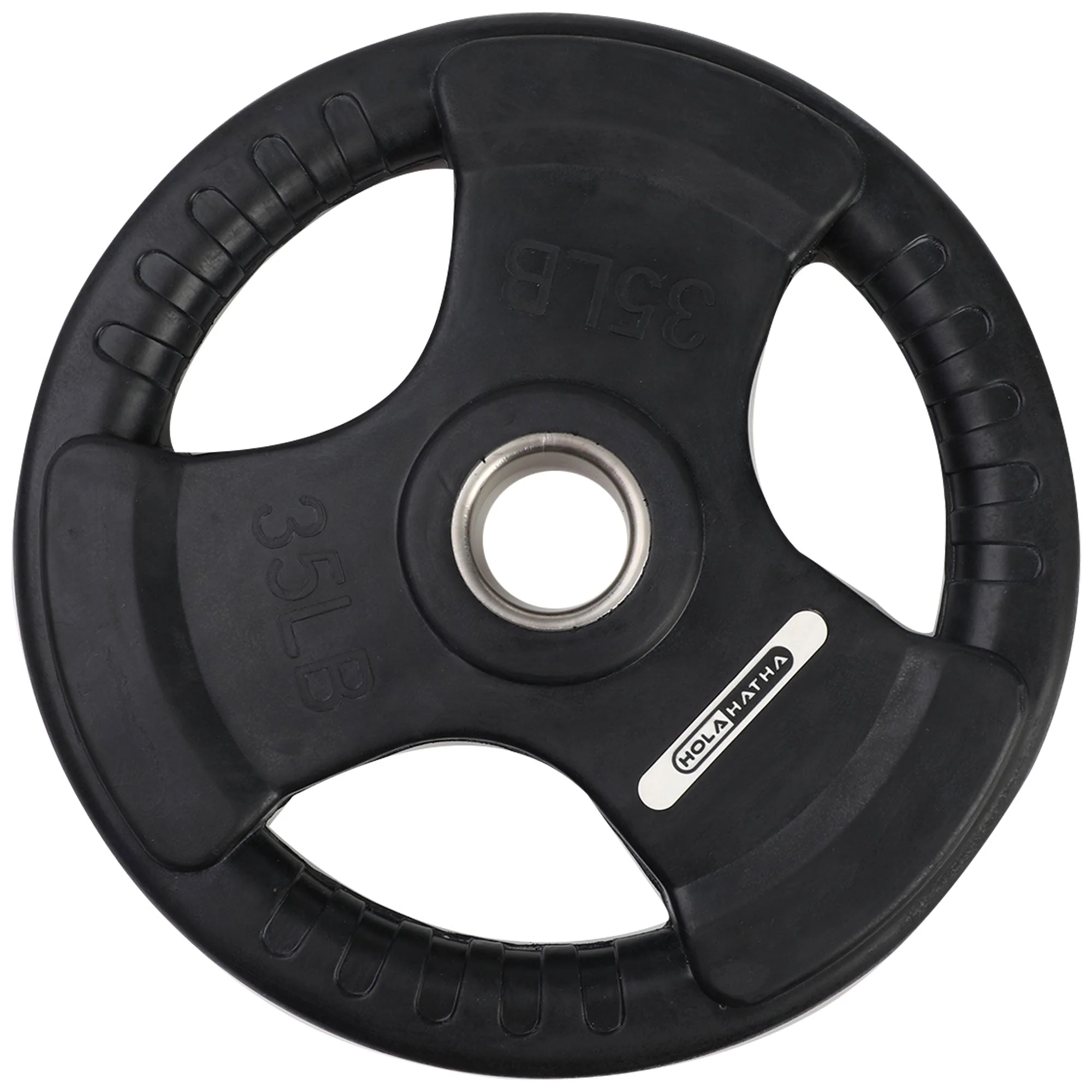 HolaHatha 35 Pound Olympic Rubber Coated Weight Plate w/Tri Grip Handle, Black - Image 2