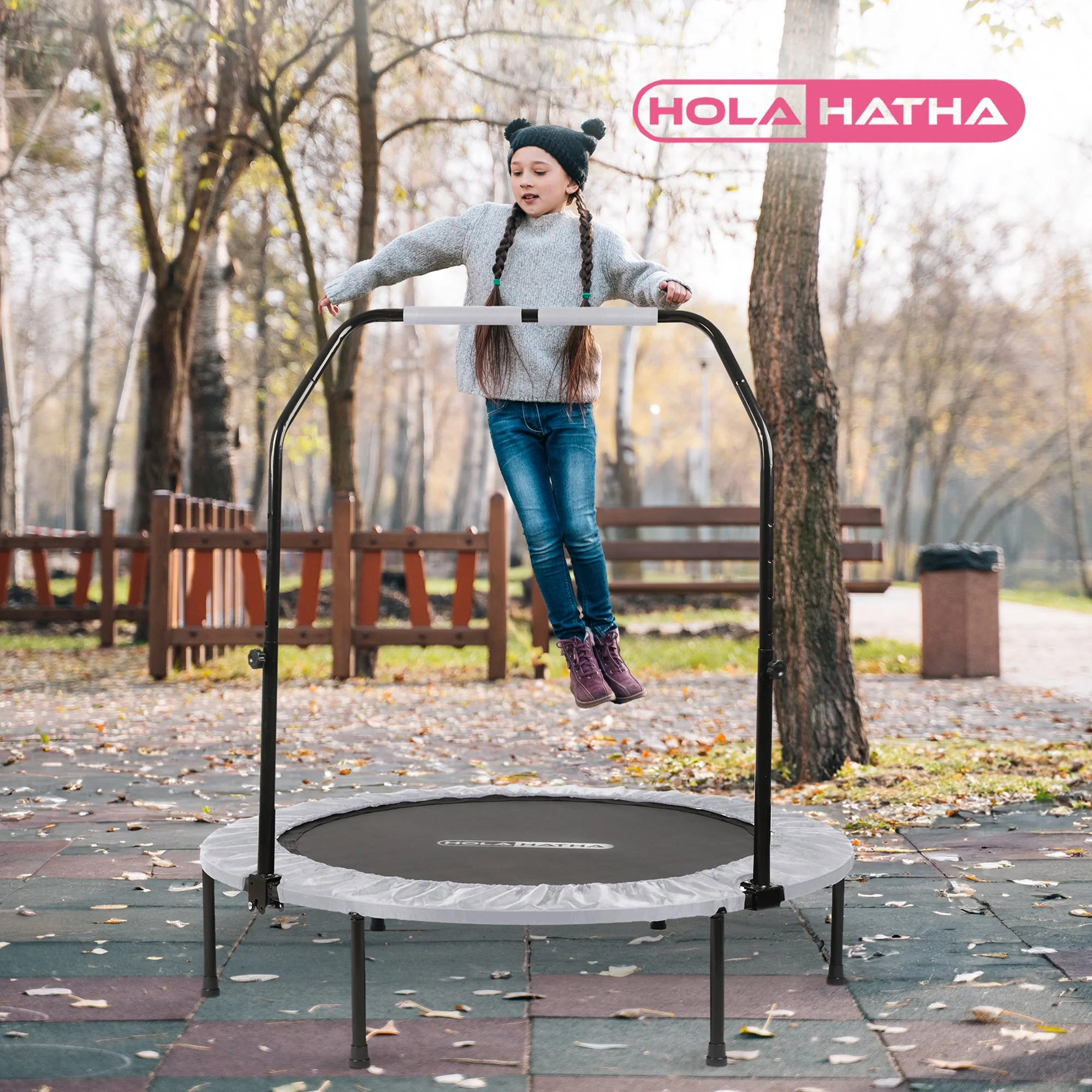 HolaHatha Foldable Mini Fitness Trampoline with Adjustable Handle, 48 in., White - Image 5