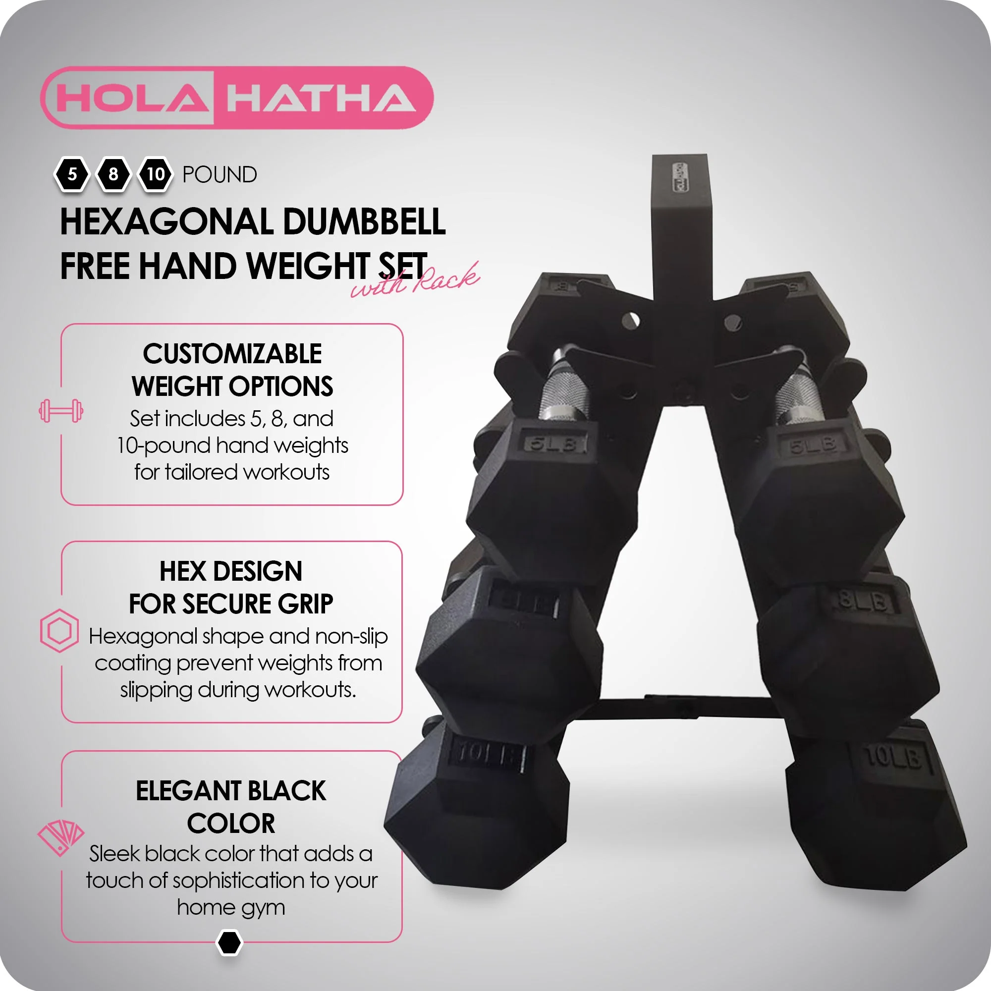 HolaHatha Hexagonal Dumbbell Free Hand Weight Set w/ Rack, 5, 8, & 10 Lbs, Black - Image 2