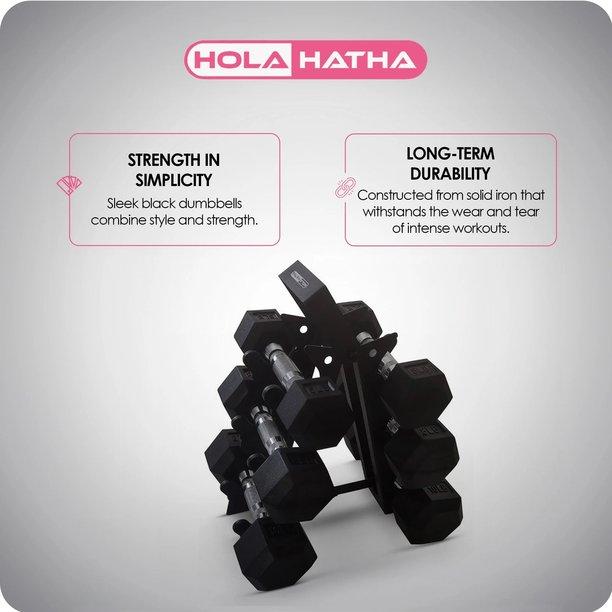 HolaHatha Hexagonal Dumbbell Free Hand Weight Set w/ Rack, 5, 8, & 10 Lbs, Black - Image 3