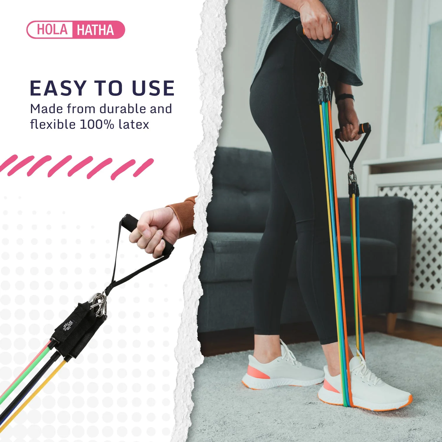 HolaHatha Resistance Band 110lb Maximum Workout Set with 5 Bands and 2 Handles - Image 5