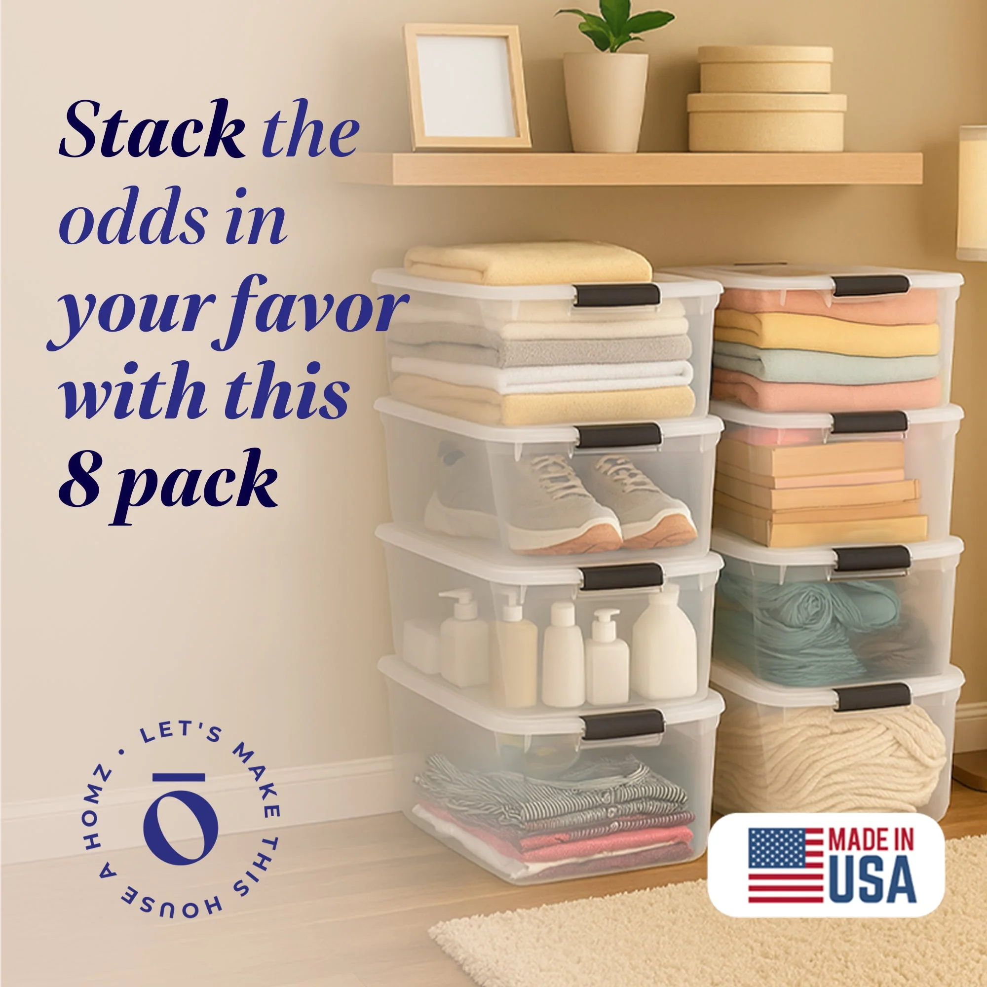 Homz 64 Qt Multipurpose Stackable Storage Bin with Latching Lids, Clear (8 Pack) - Image 2
