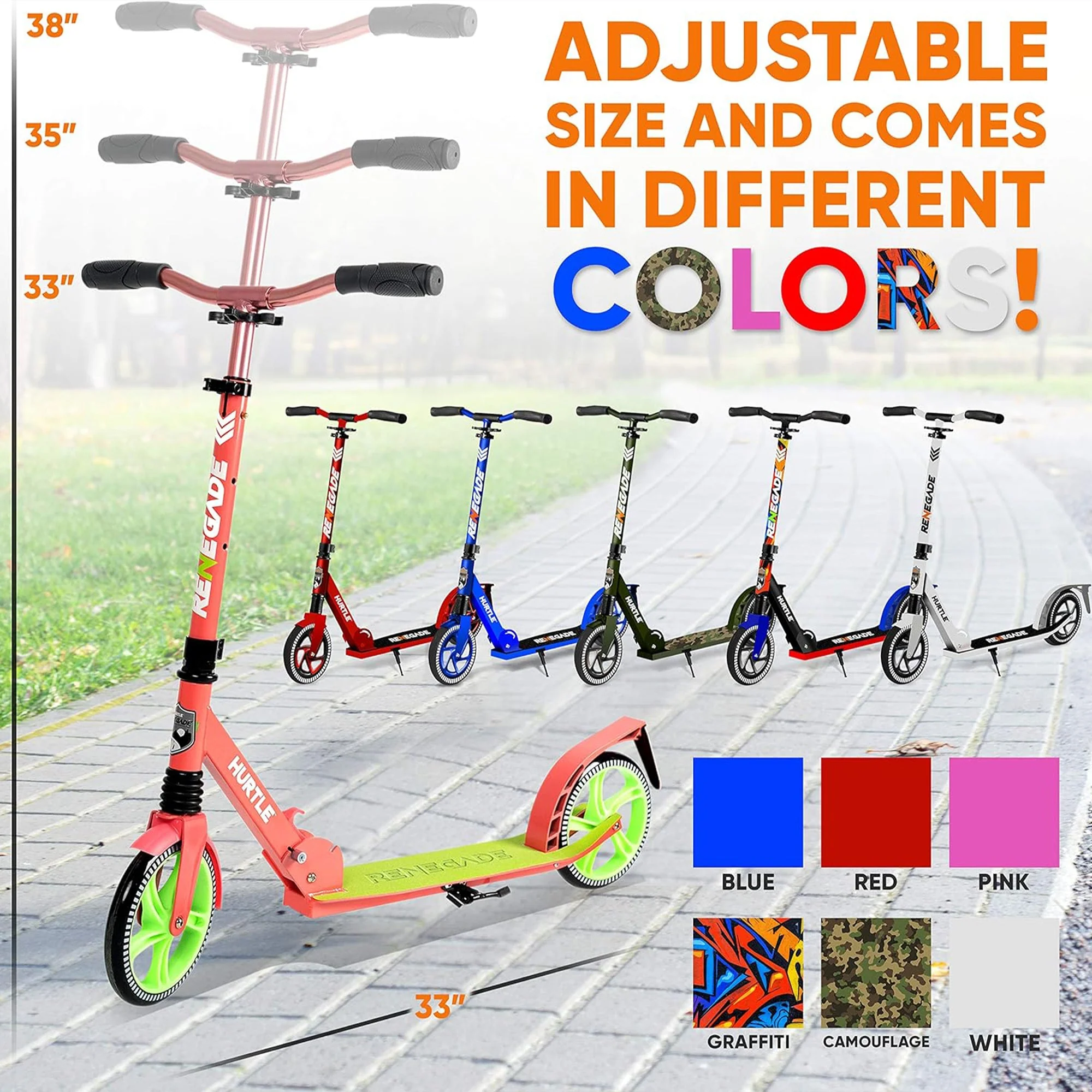 Hurtle Adjustable and Foldable Kick Scooter with High Impact Wheels, Watermelon - Image 5