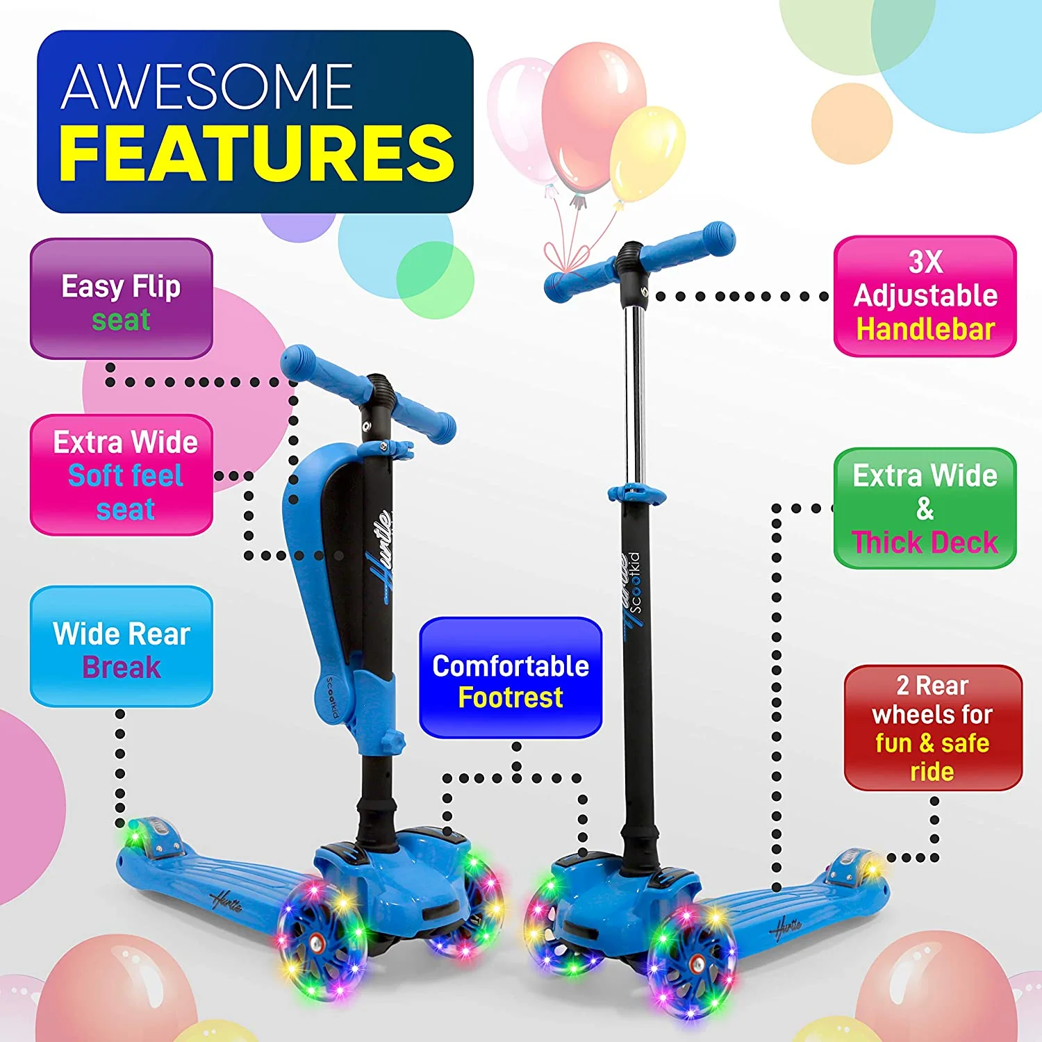 Hurtle ScootKid 3 Wheel Toddler Child Ride On Toy Scooter w/ LED Wheels, Blue - Image 4