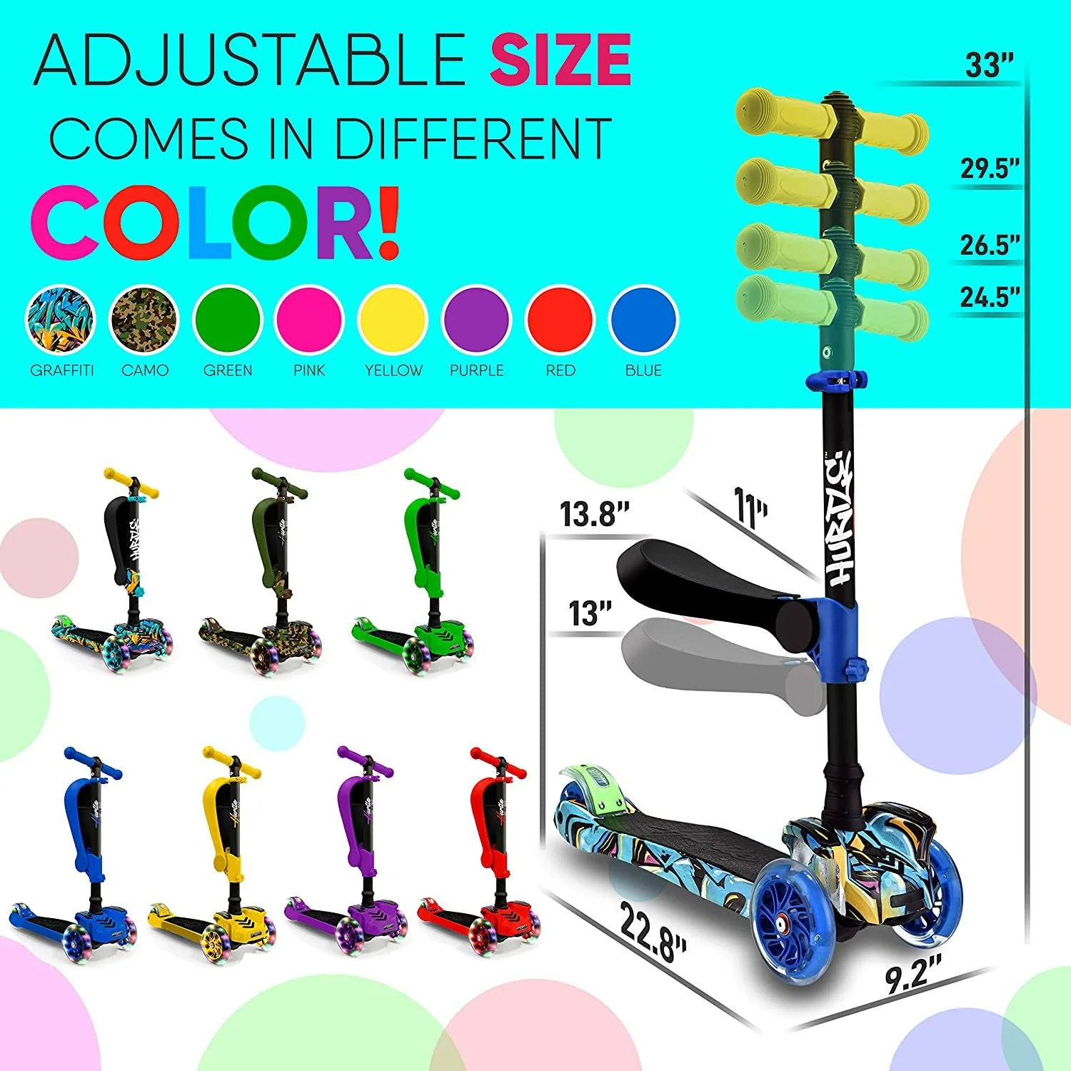 Hurtle ScootKid 3 Wheel Toddler Toy Scooter w/ LED Wheel Lights, Graffiti - Image 4