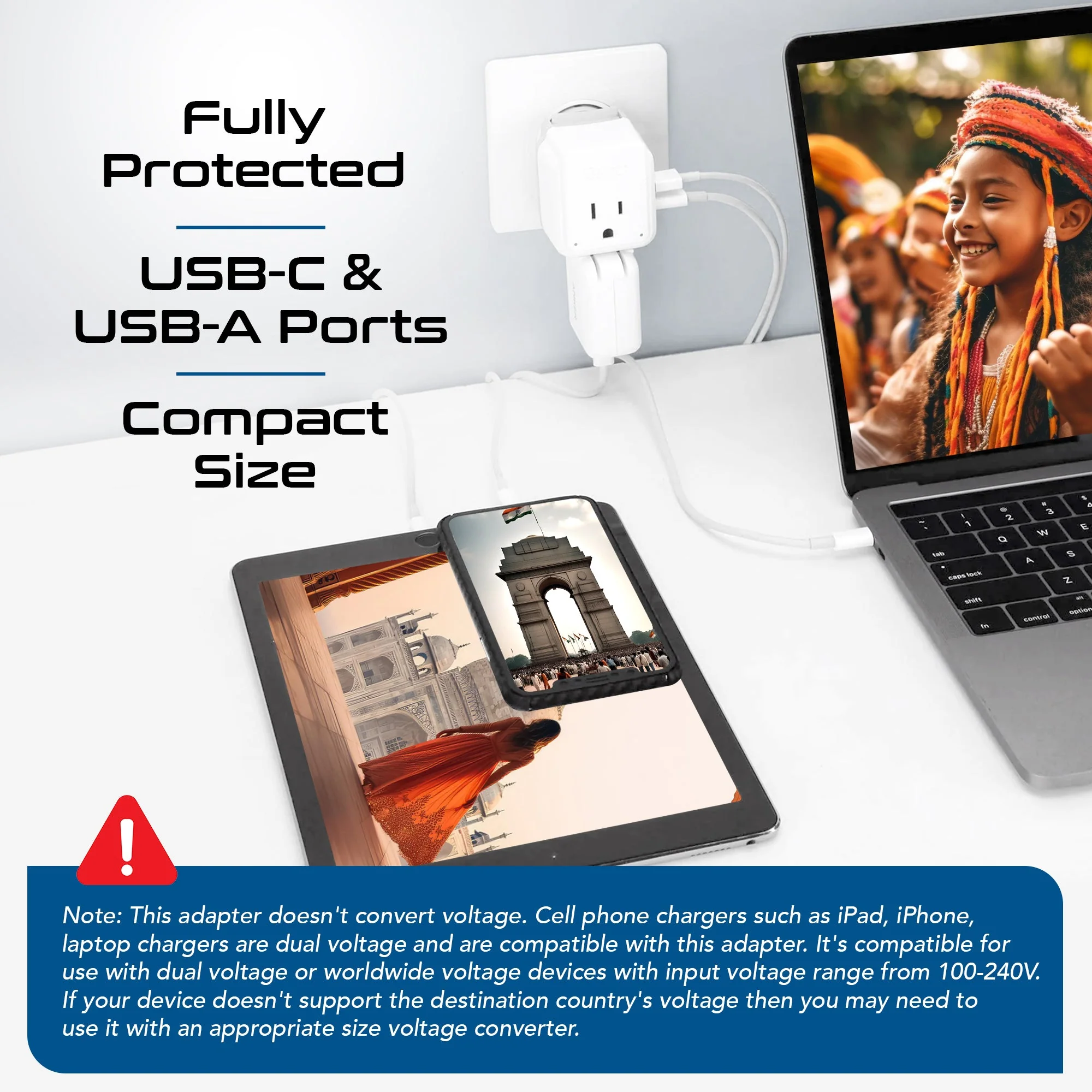 India, Nepal Travel Adapter Set | Type C, D - USB & USB-C Ports + 2 US Outlets (PAK-IN) - Image 3