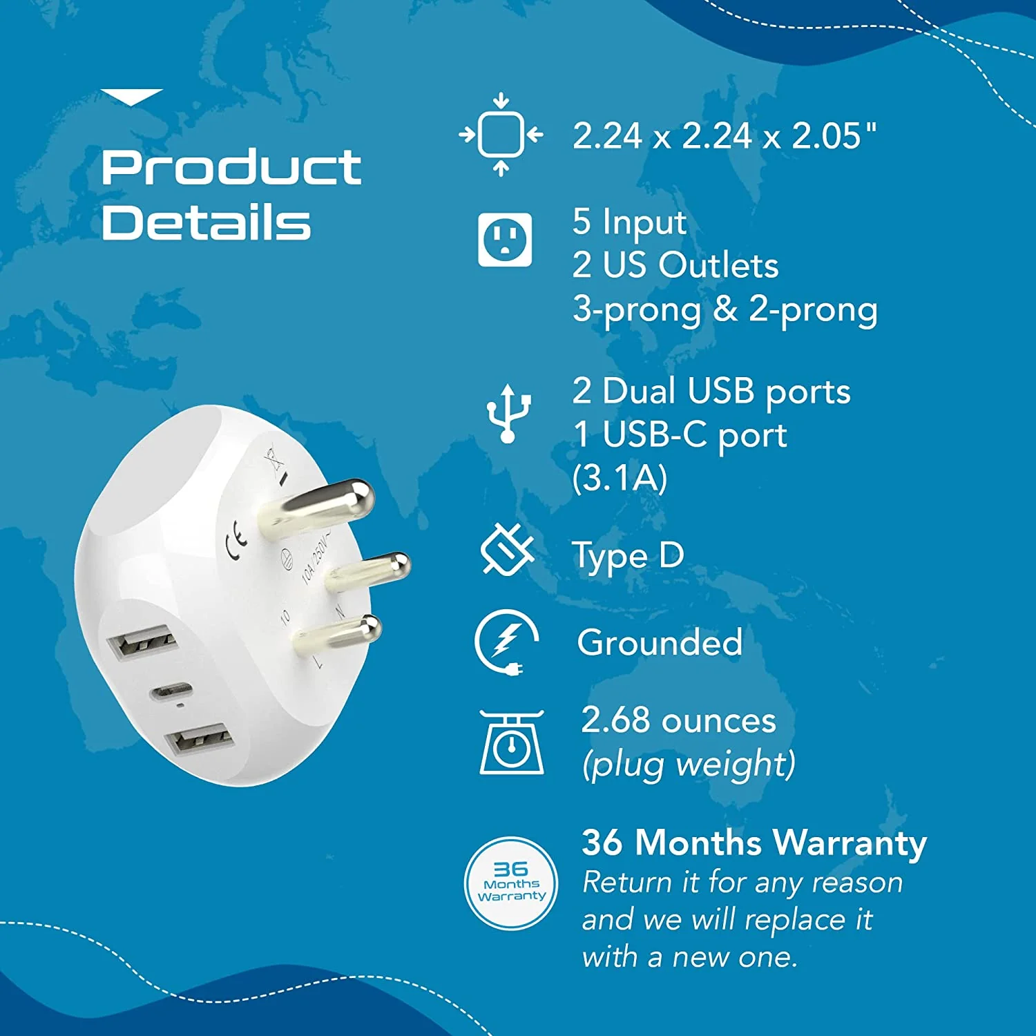 India, Pakistan Plug Adapter - Type D - 5 in 1 - Ultra Compact (PTU-10) - Image 8