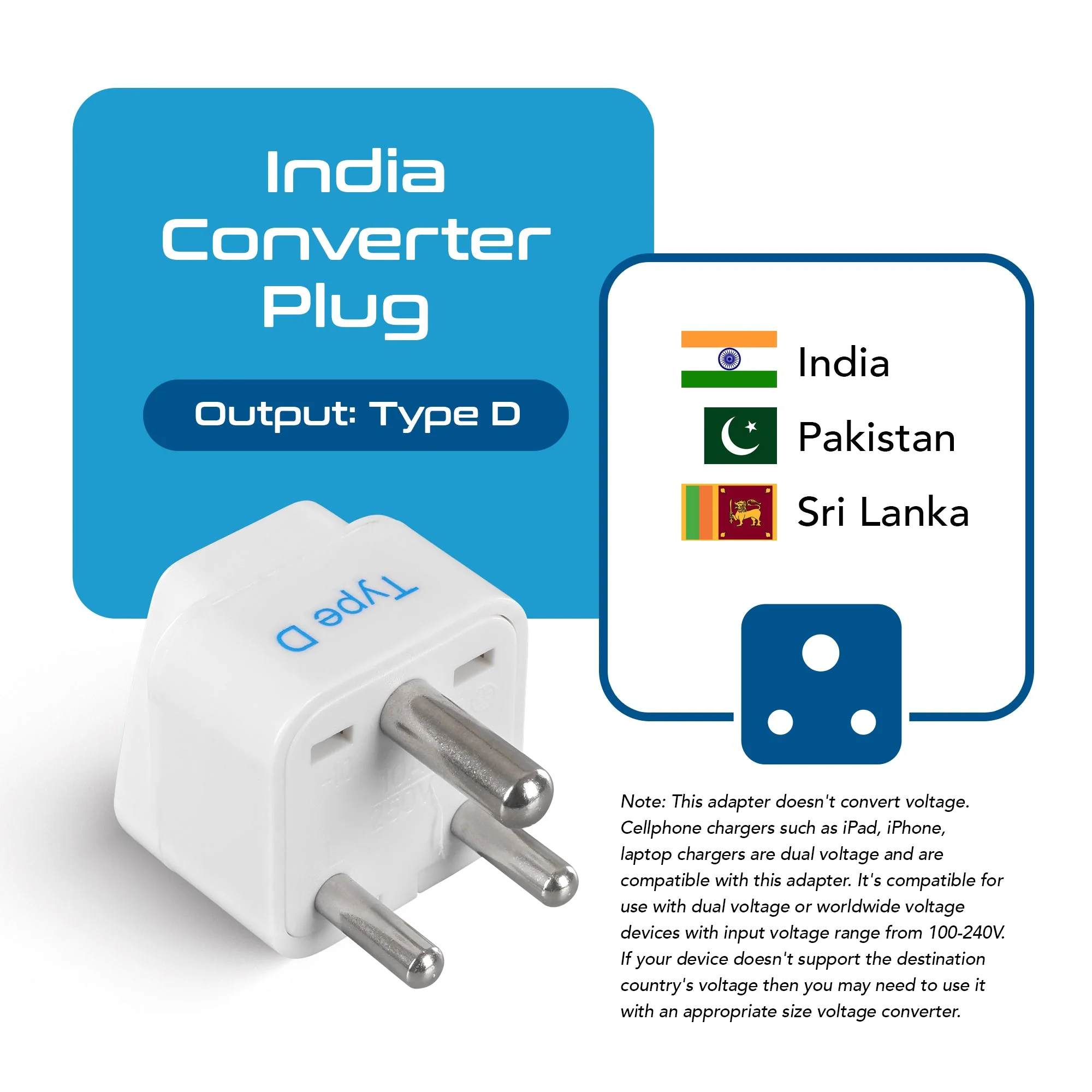 India Travel Adapter - Type D - 3 Pack (GP-10) - Image 2