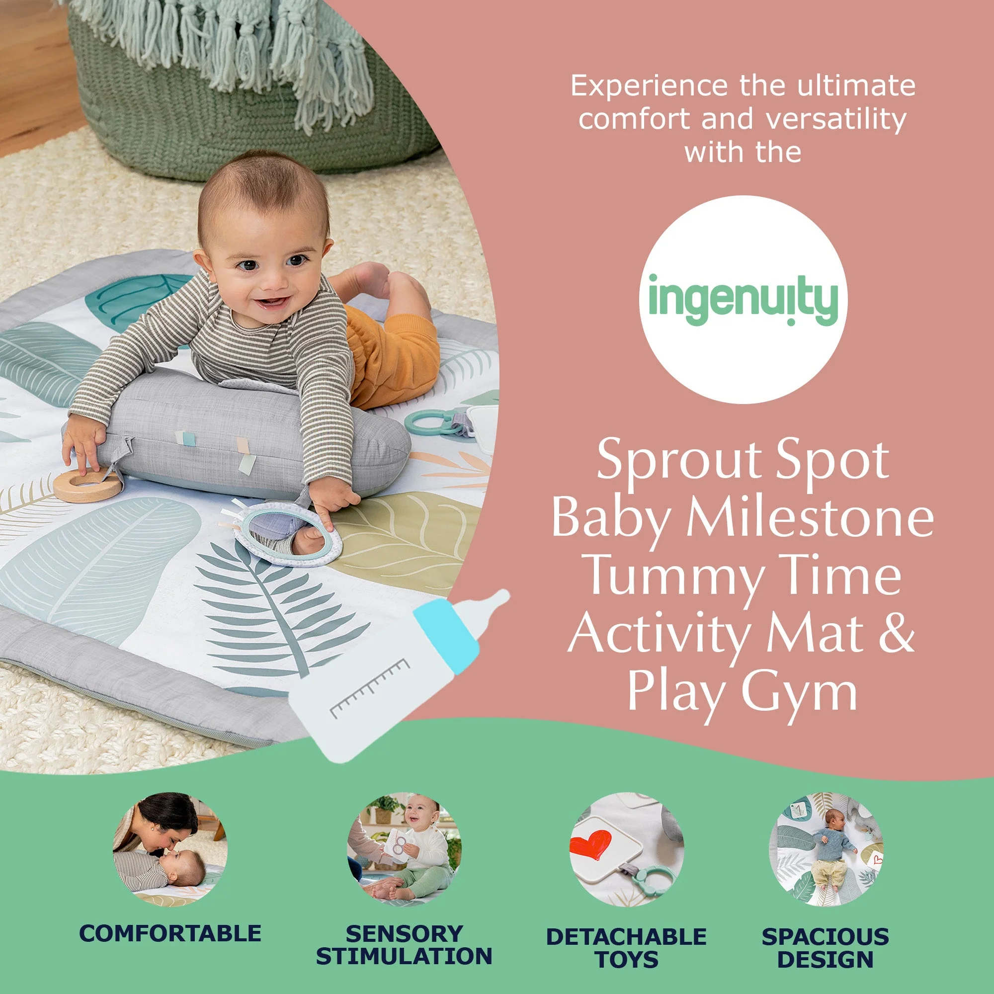 Ingenuity Sprout Spot Baby Milestone Tummy Time Activity Mat and Play Gym Unisex - Image 2