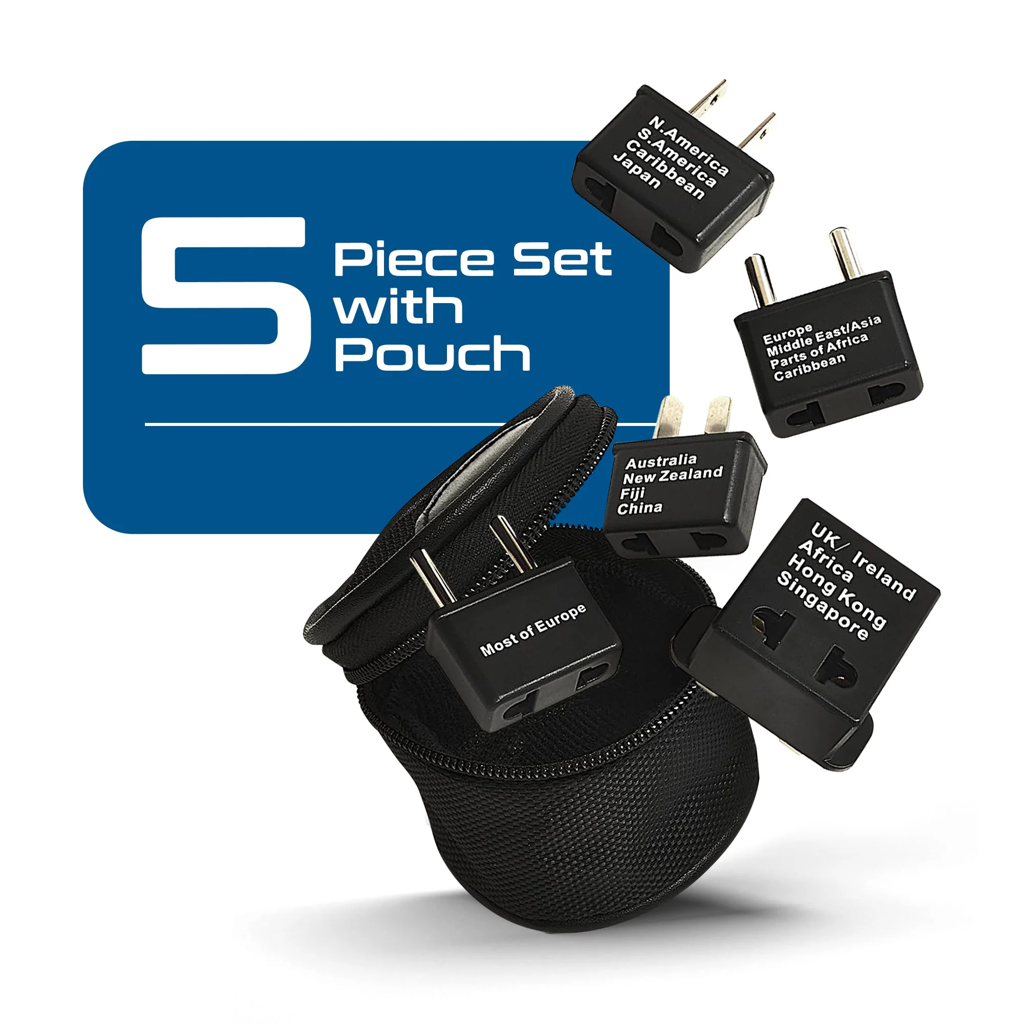International Travel Adapter Plug Set - 5 pcs Set with Pouch (UP-5S) - Non-Grounded - Image 2
