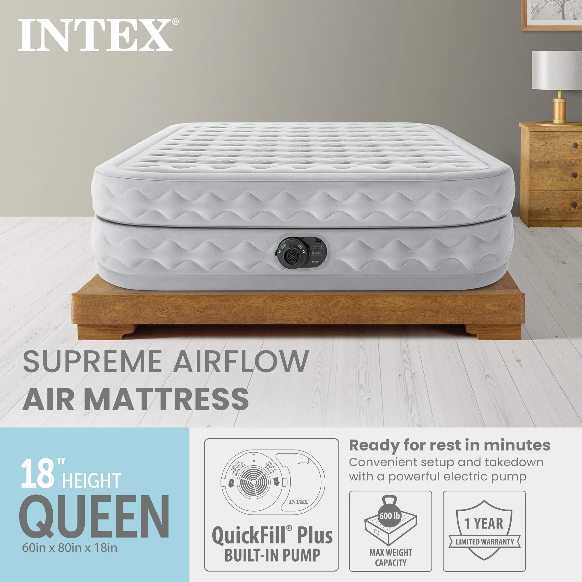 Intex 64489ED Dura Beam Supreme Air Flow Air Mattress with Built In Pump, Queen - Image 2
