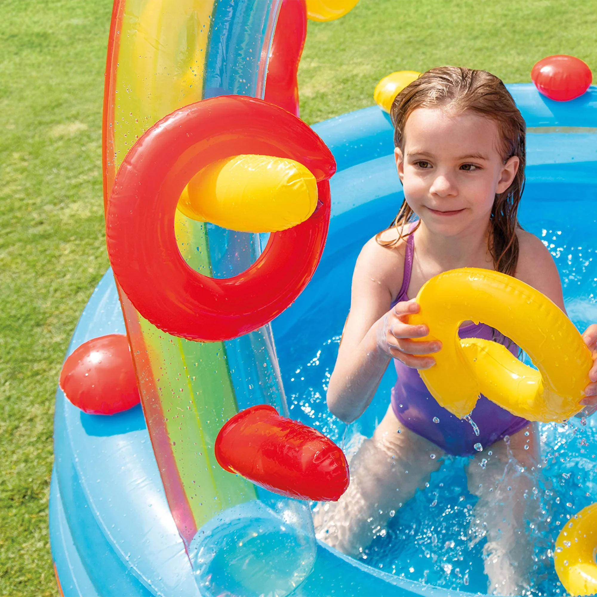 Intex 9.75 x 6.3 Foot Rainbow Slide Inflatable Pool and Water Slide Ring Center - Image 11