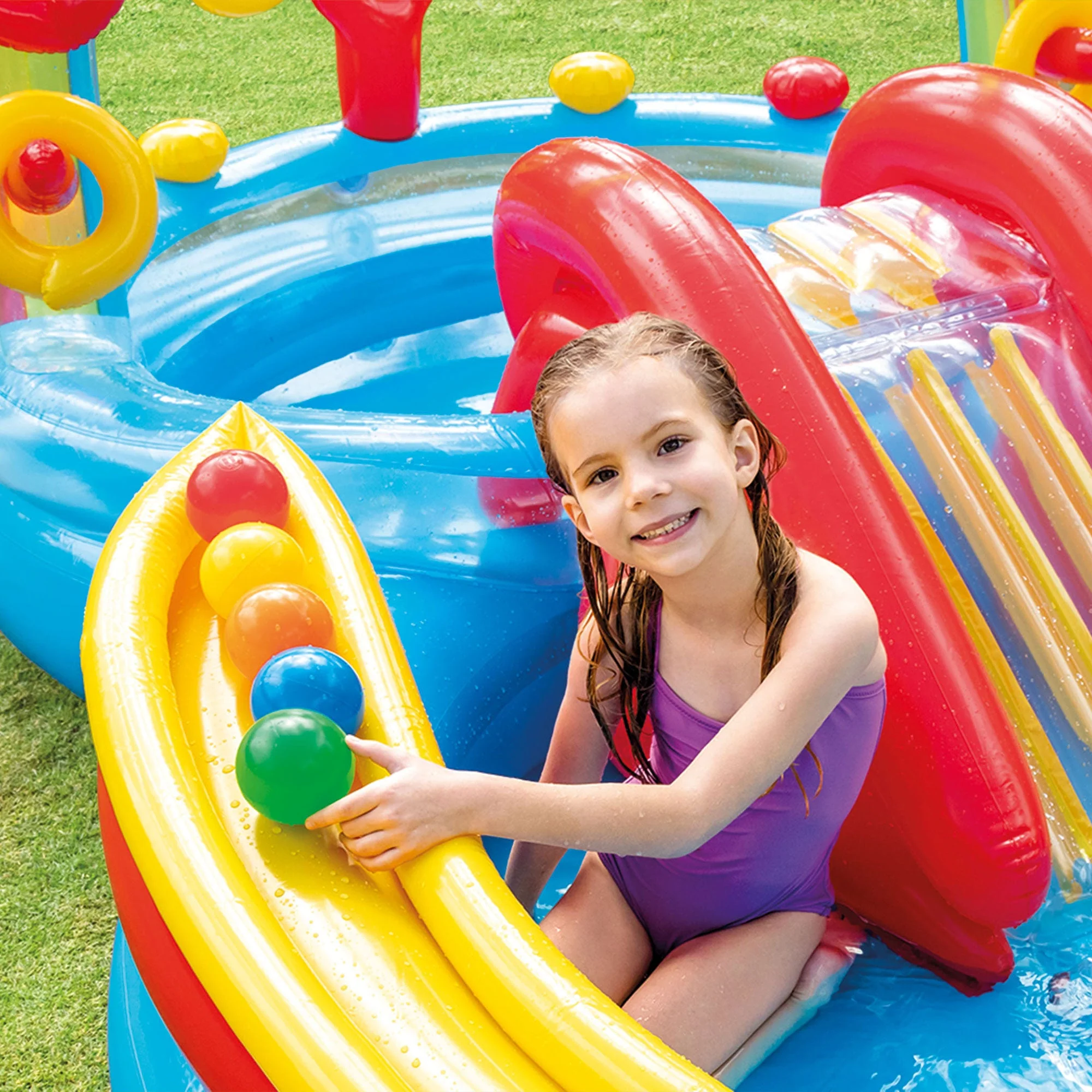 Intex 9.75 x 6.3 Foot Rainbow Slide Inflatable Pool and Water Slide Ring Center - Image 8