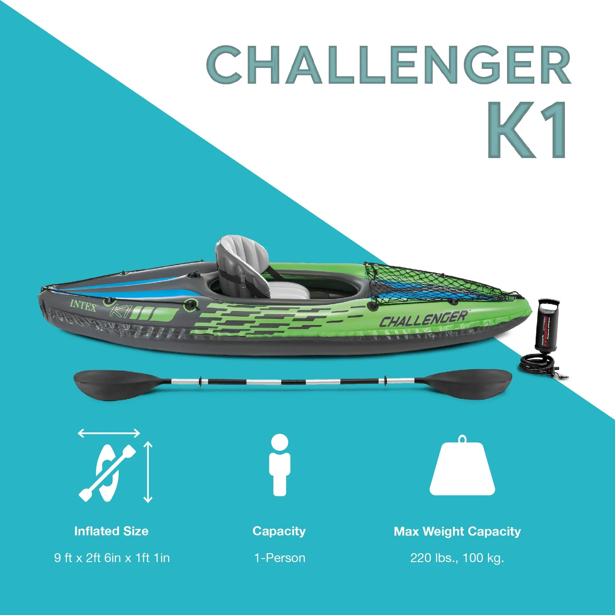 Intex Challenger K1 Inflatable Single Person Kayak Set and Accessory Kit w/ Pump - Image 4