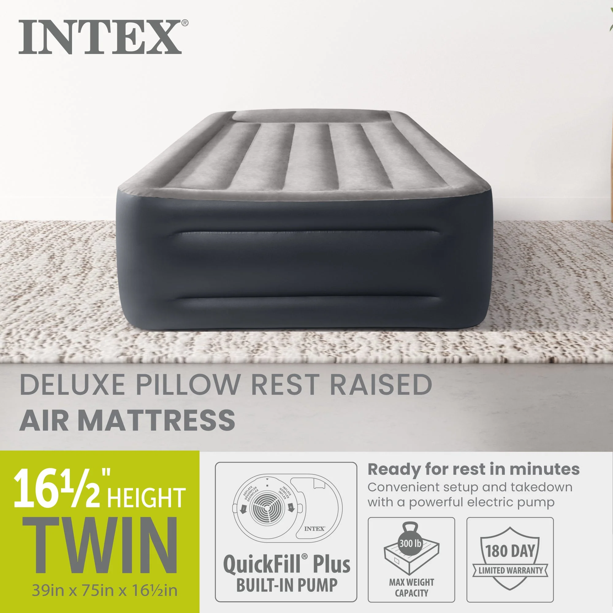 Intex Dura Beam Deluxe Pillow Bed with Built In Pump, Twin - Image 2