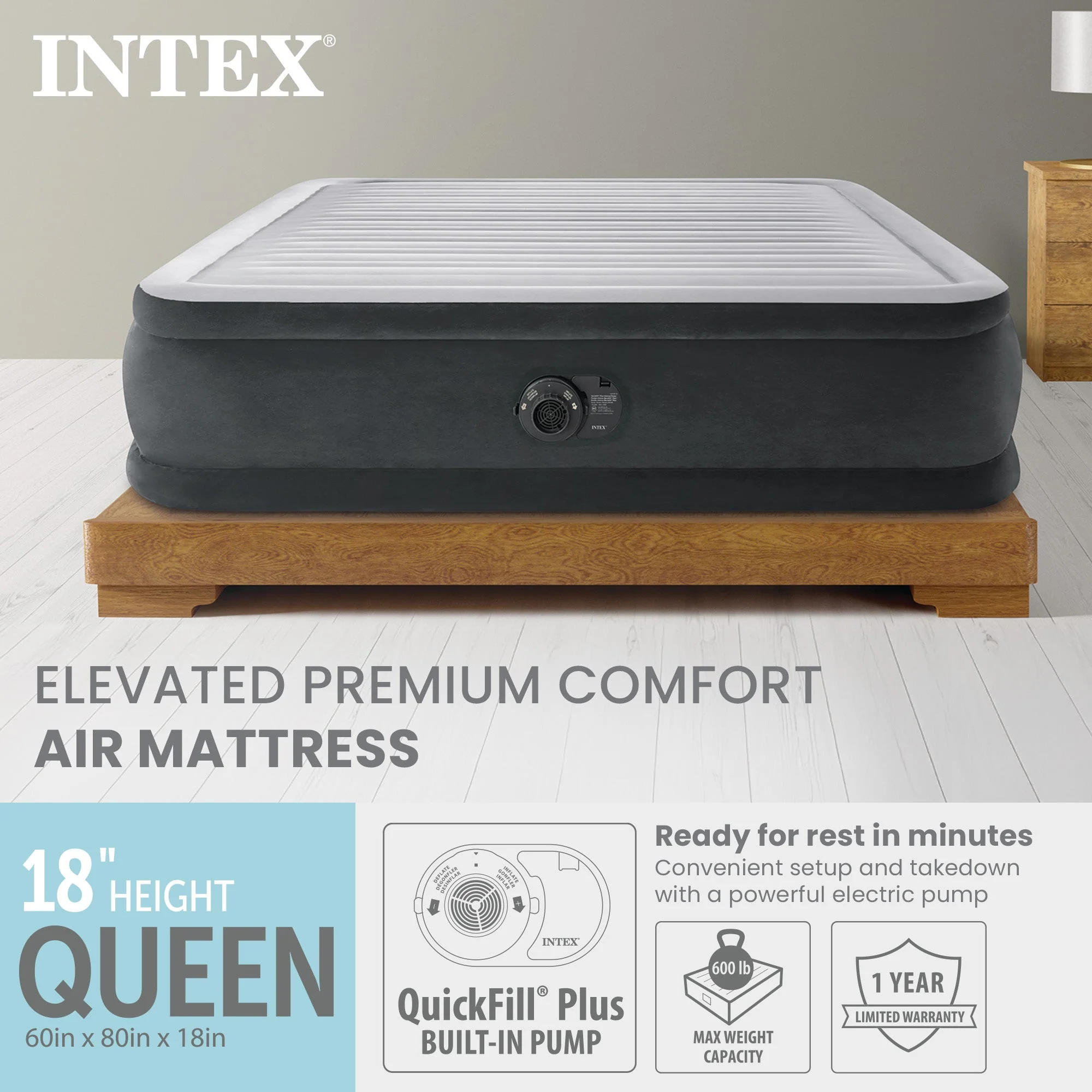 Intex Dura Beam Deluxe Pillow Raised Bed with Built In Pump, Queen - Image 2