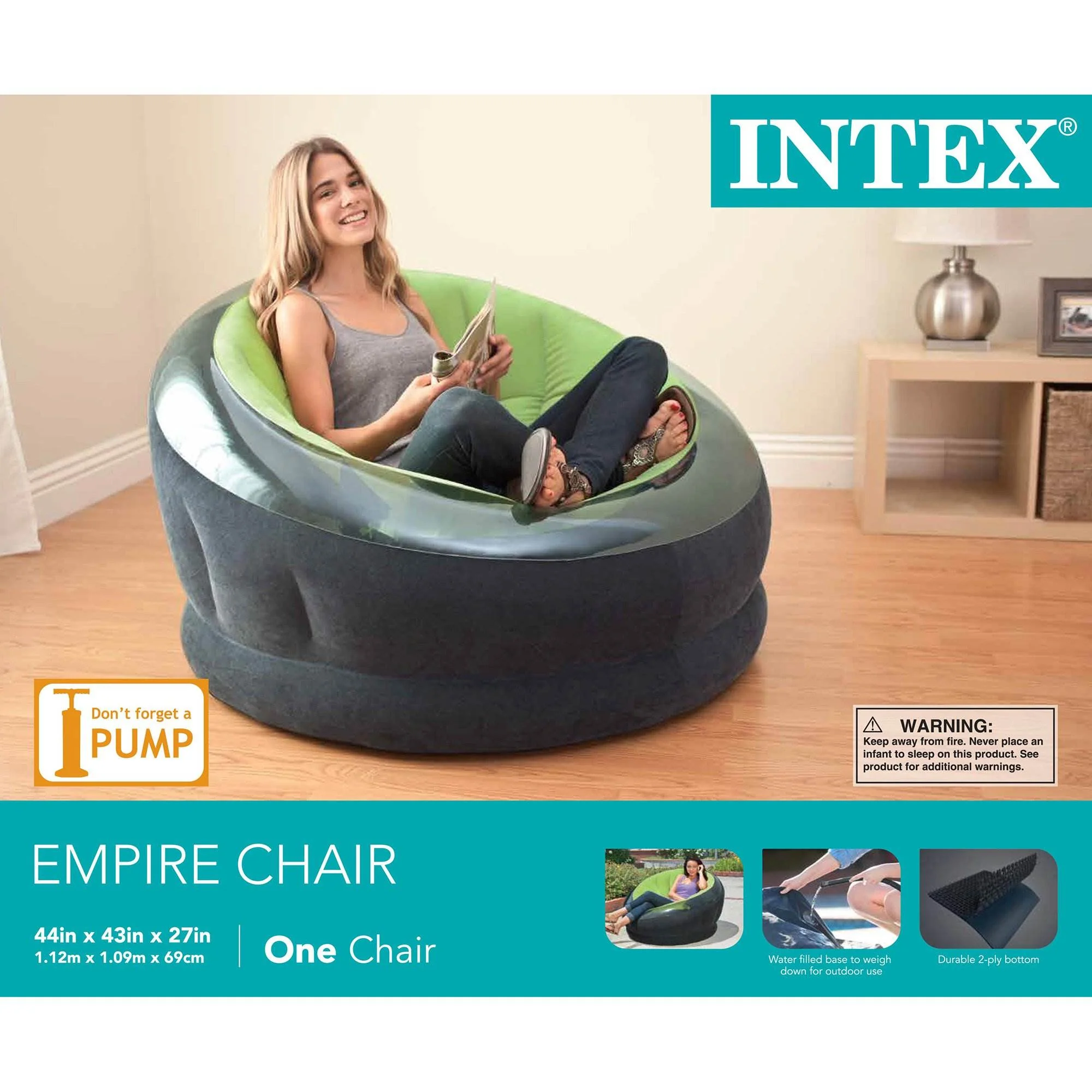 INTEX 68581EP Inflatable Empire Chair, Outdoor Air Lounger with Plush Surface and Portable Design, Comfy Seating for Camping and Travel, Green - Image 5