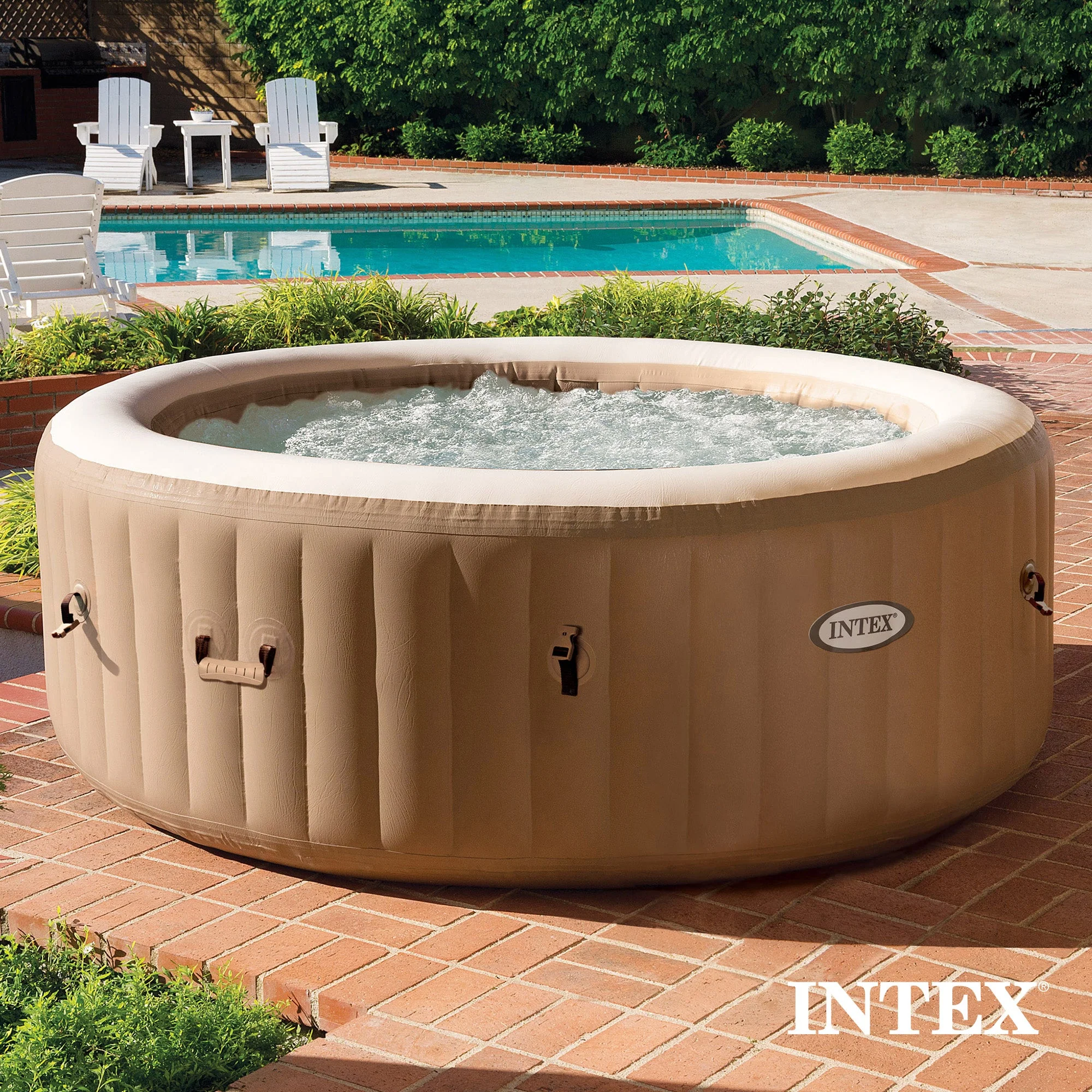 Intex PureSpa 4 Person Bubble Massage Inflatable Hot Tub Spa Set, Sahara Tan - Image 9