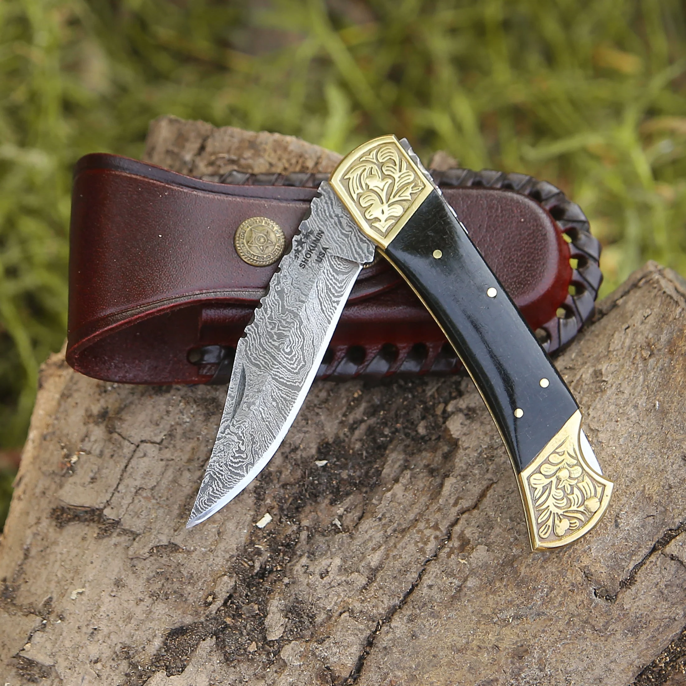 Ironstorm Handmade Damascus Pocket Knife Engraved with Leather Sheath & Horn Handle - Image 10