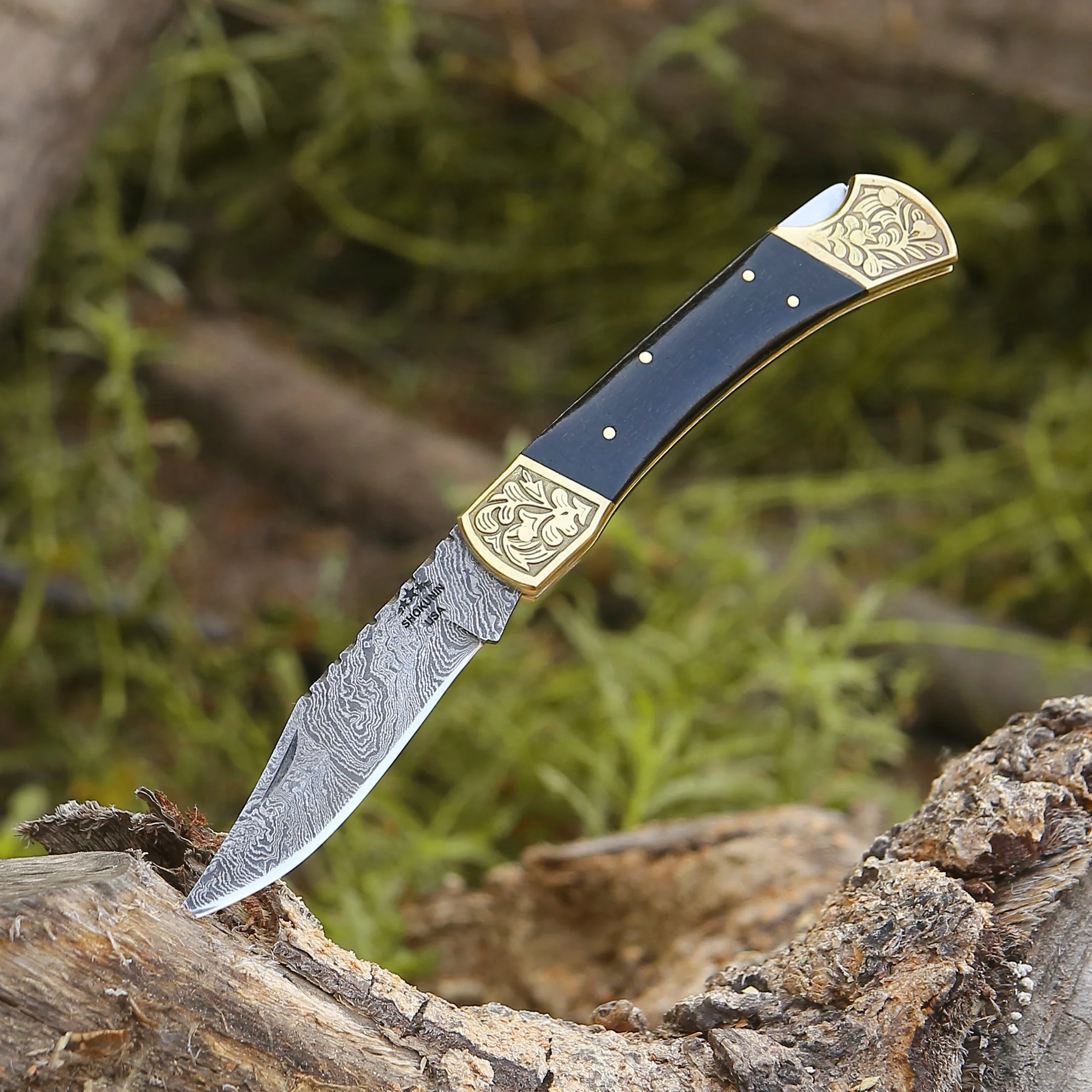 Ironstorm Handmade Damascus Pocket Knife Engraved with Leather Sheath & Horn Handle - Image 7