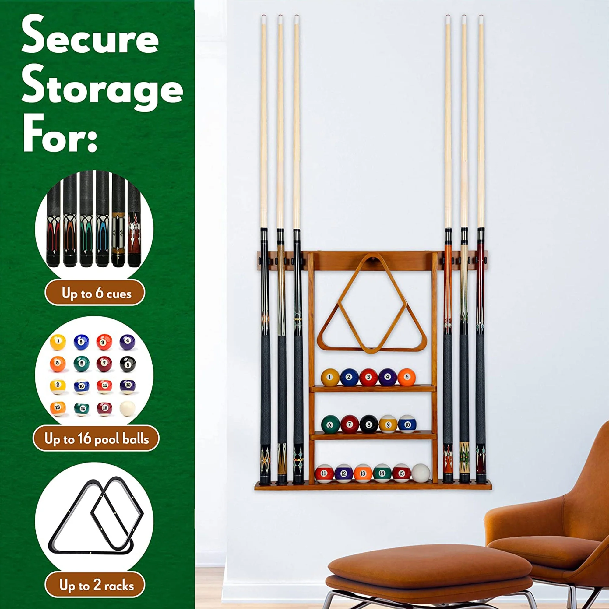 ISZY Billiards Wall Mounted Pool Accessories Billiard Ball and Stick Holder Rack - Image 3