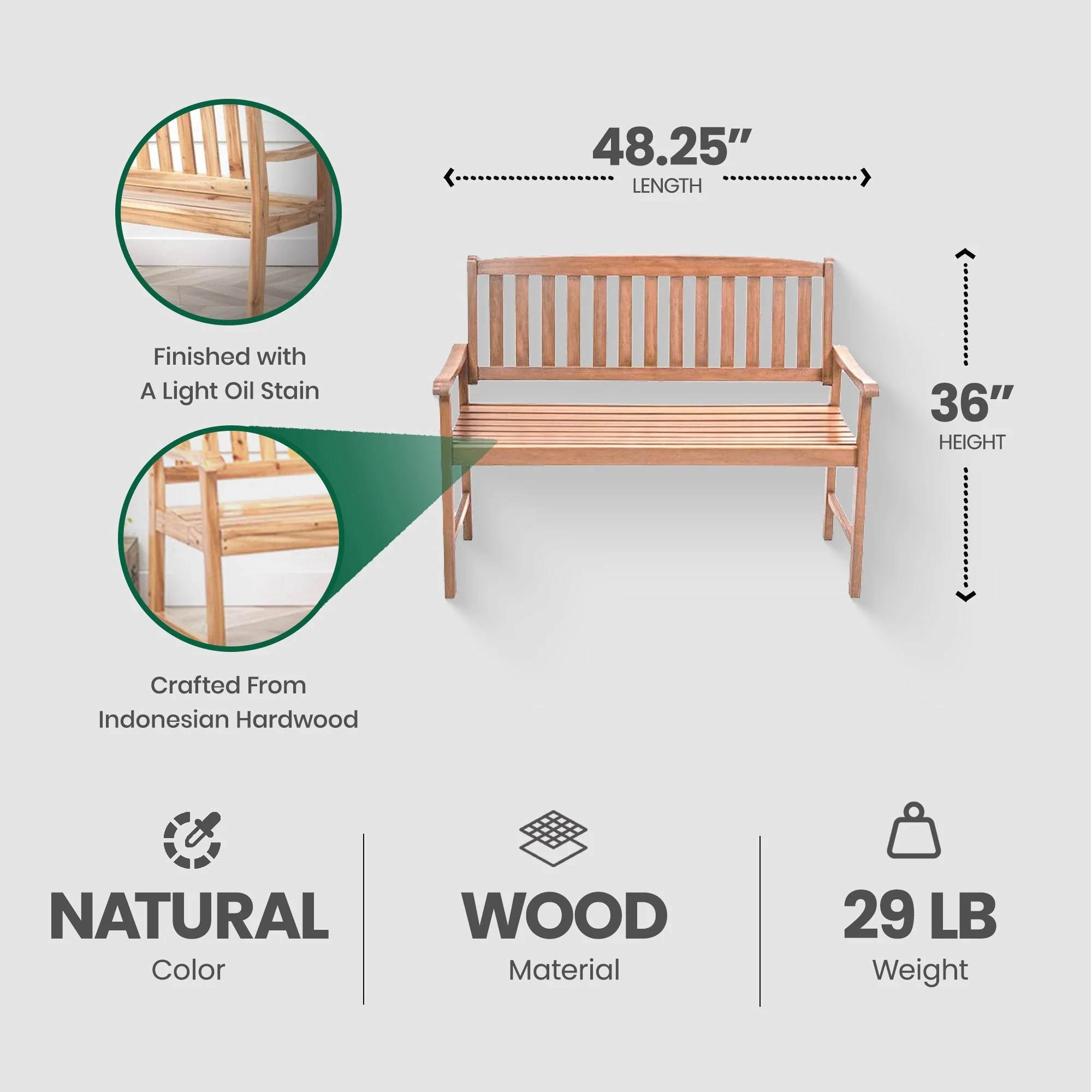 Jack Post 4 Feet Durable Classic Hardwood Bench Sits Up To 2 People for Patio - Image 3