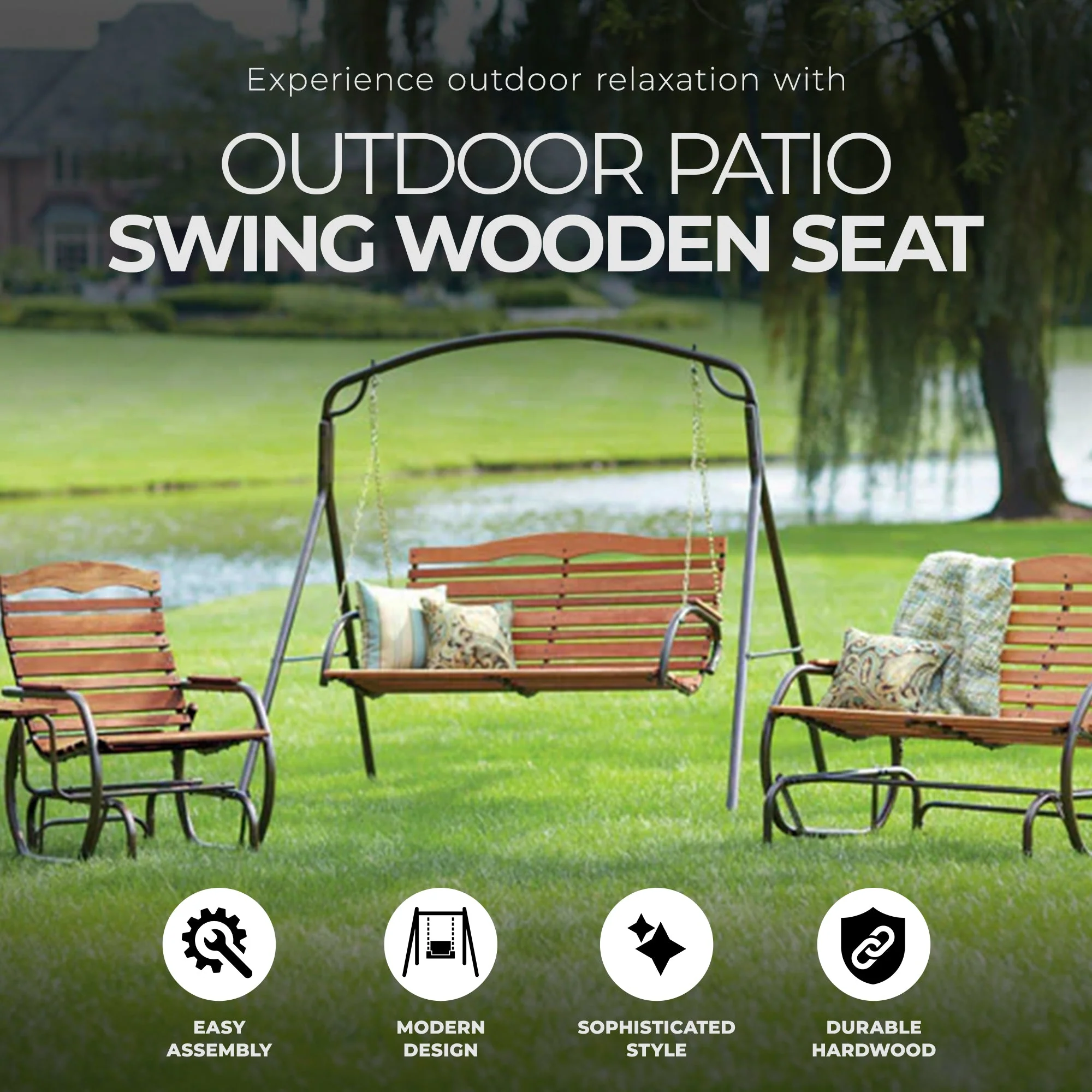 Jack Post Country Garden Outdoor Patio Swing Wooden Seat with Chains, Bronze - Image 2