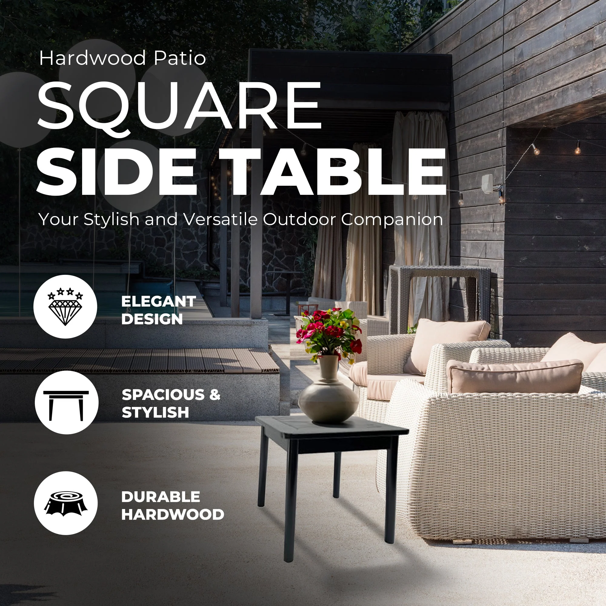 Jack Post Farmhouse Outdoor Hardwood Square Patio Dining Side End Table, Black - Image 2