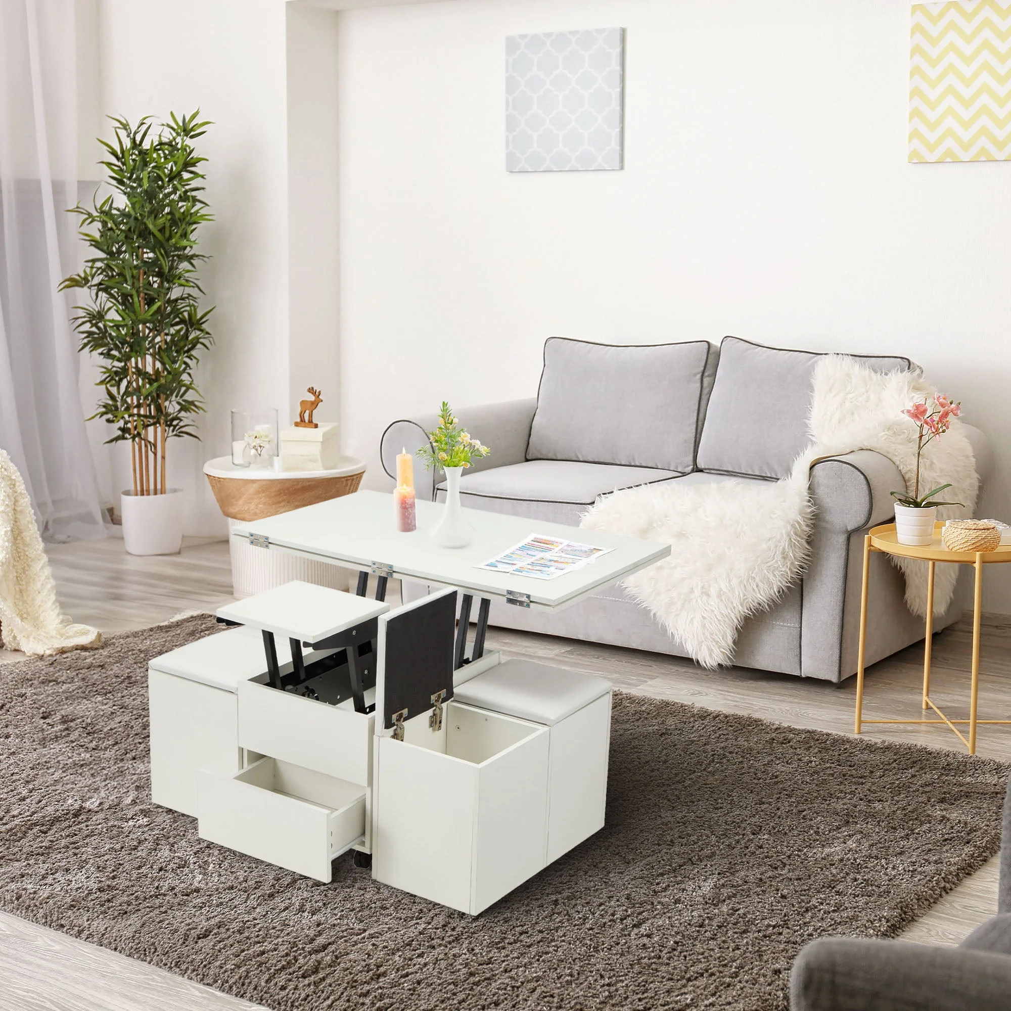 JOMEED Cushioned Seat Converts to Height Adjustable Table with Drawers, White - Image 4