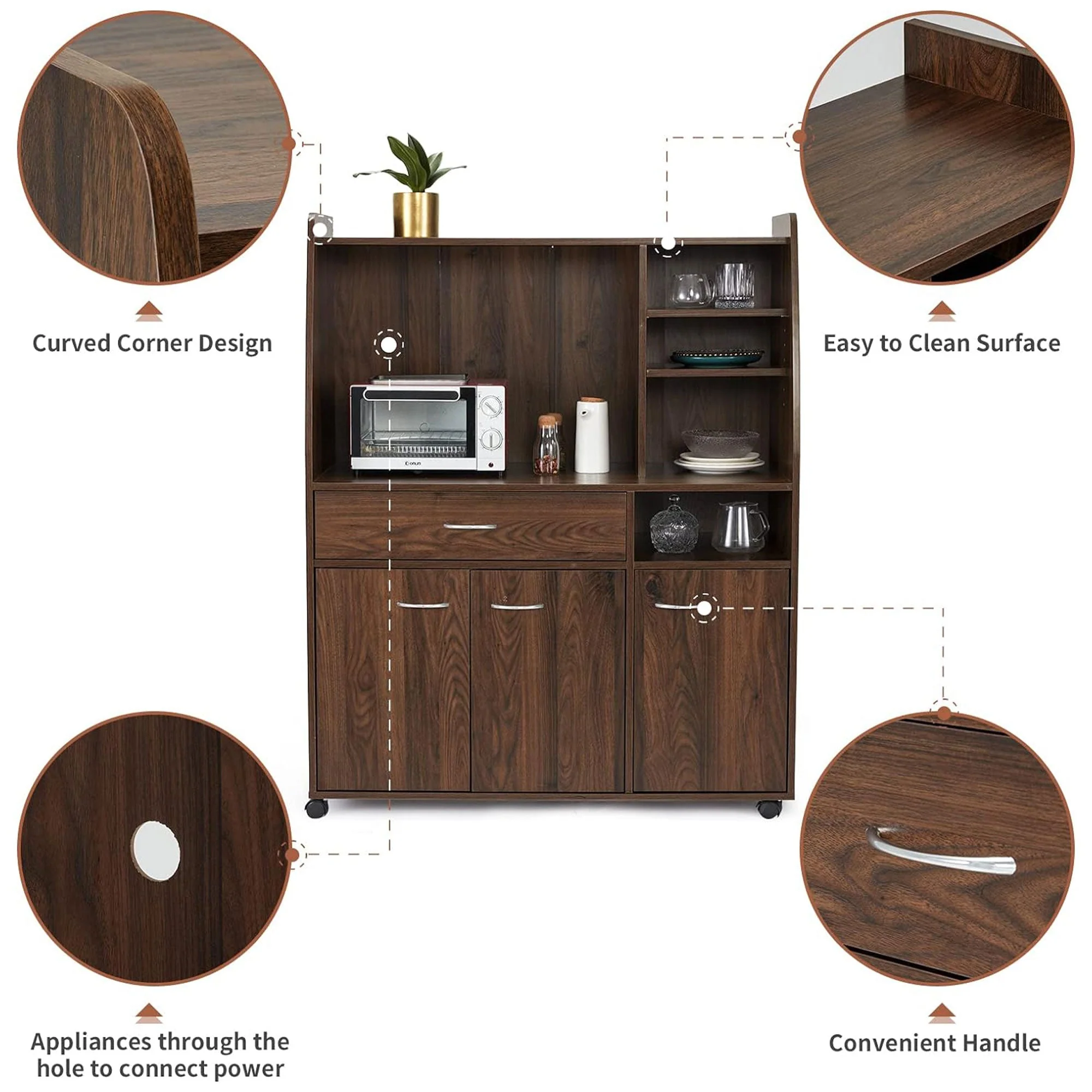 JOMEED Kitchen Pantry Microwave Storage Cabinet with Wheels, Drawer, and Shelves - Image 3