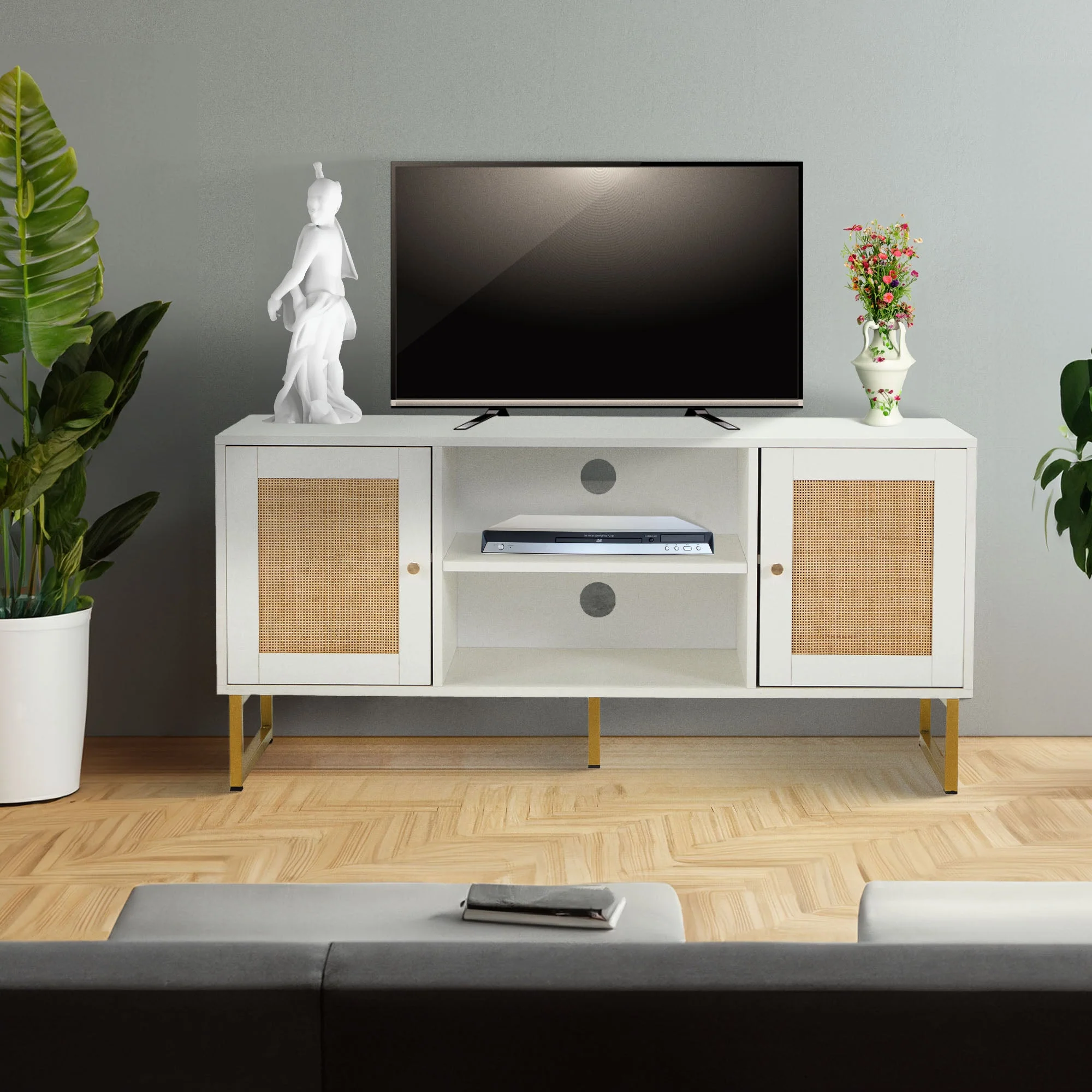 JOMEED TV Console Stand Table Storage Cabinet Media Entertainment Center, White - Image 4