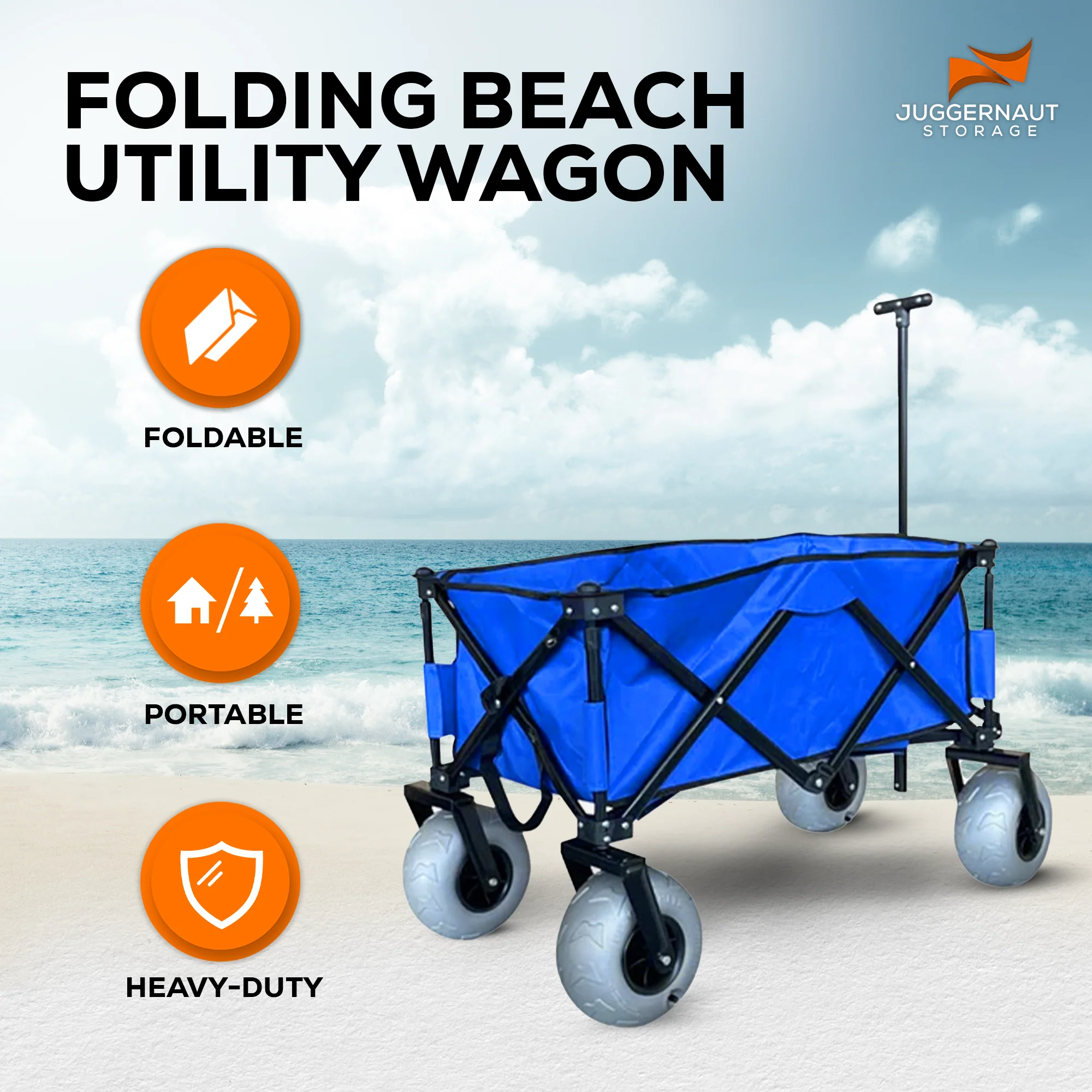 Juggernaut Carts Collapsible Folding Outdoor Beach Utility Wagon w/ Cover, Blue - Image 4