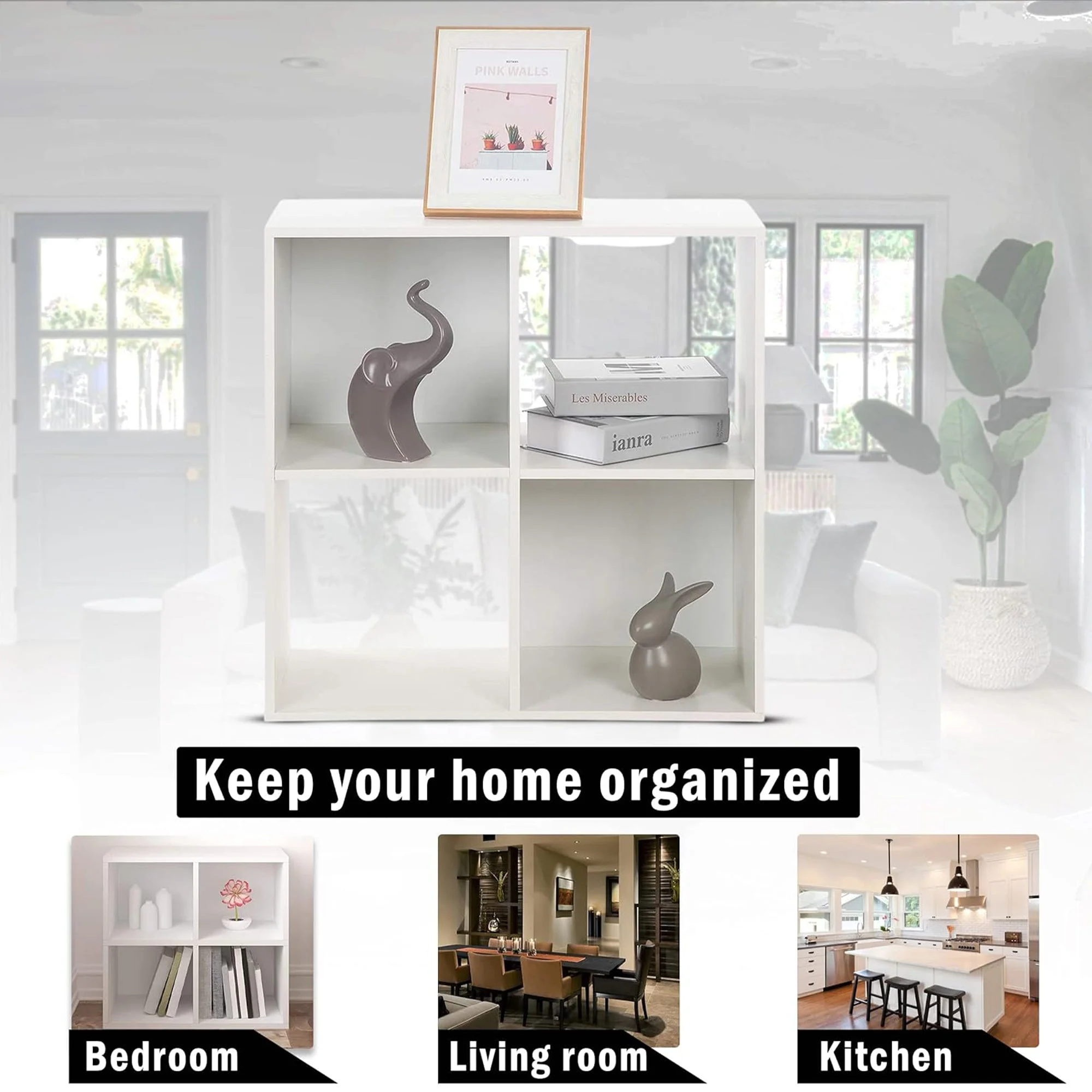 Juggernaut Storage 4 Cube Wooden Storage Shelf Bookshelf Home Organizer, White - Image 3