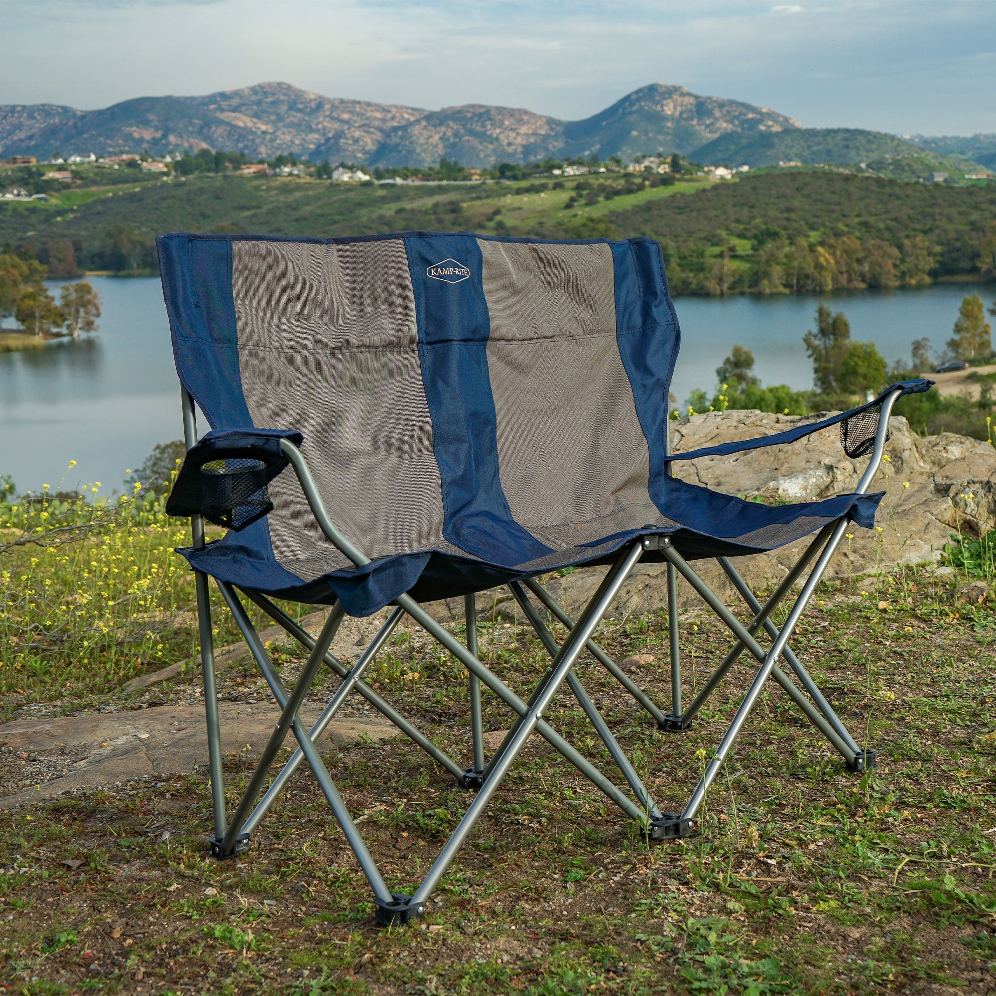 Kamp-Rite Portable Folding Outdoor Double Camping Lawn Beach Chair, Navy/Tan - Image 3