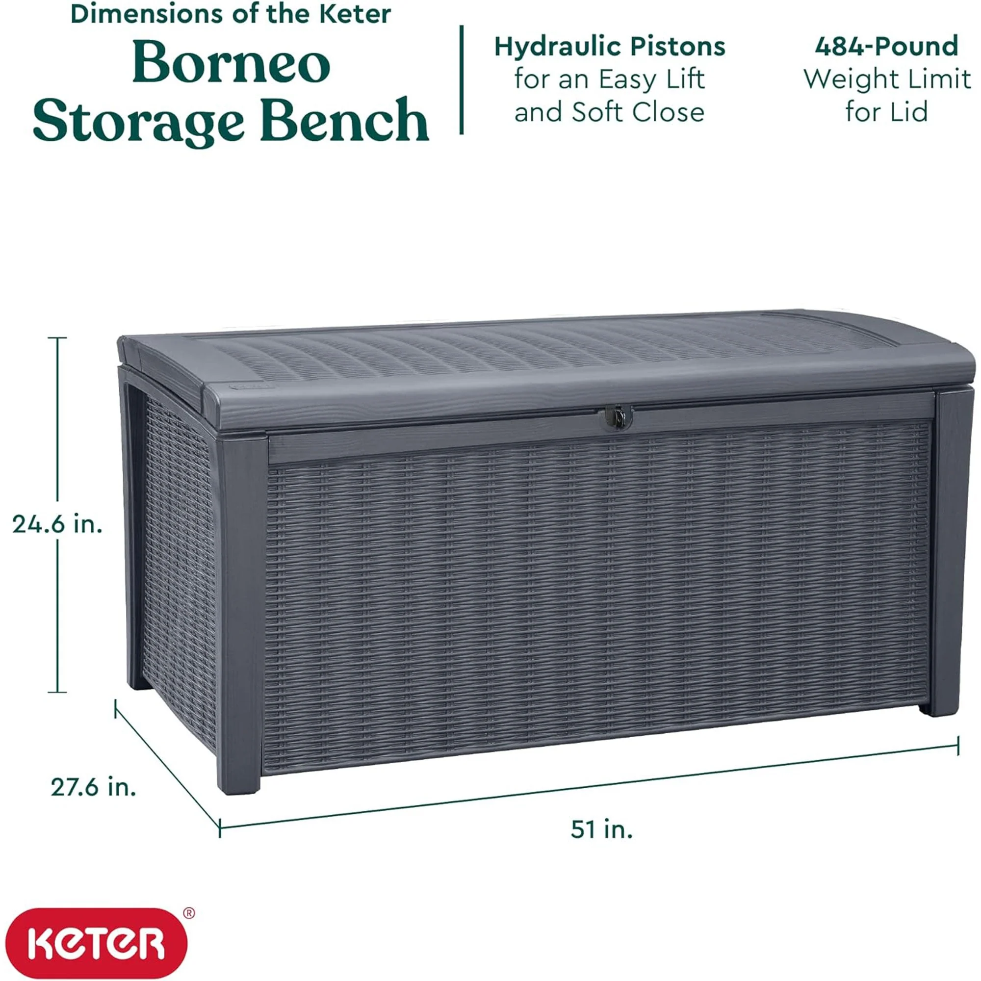 Keter Borneo 110 Gallon Rattan Wicker Resin Patio Deck Storage Box Bench, Grey - Image 2